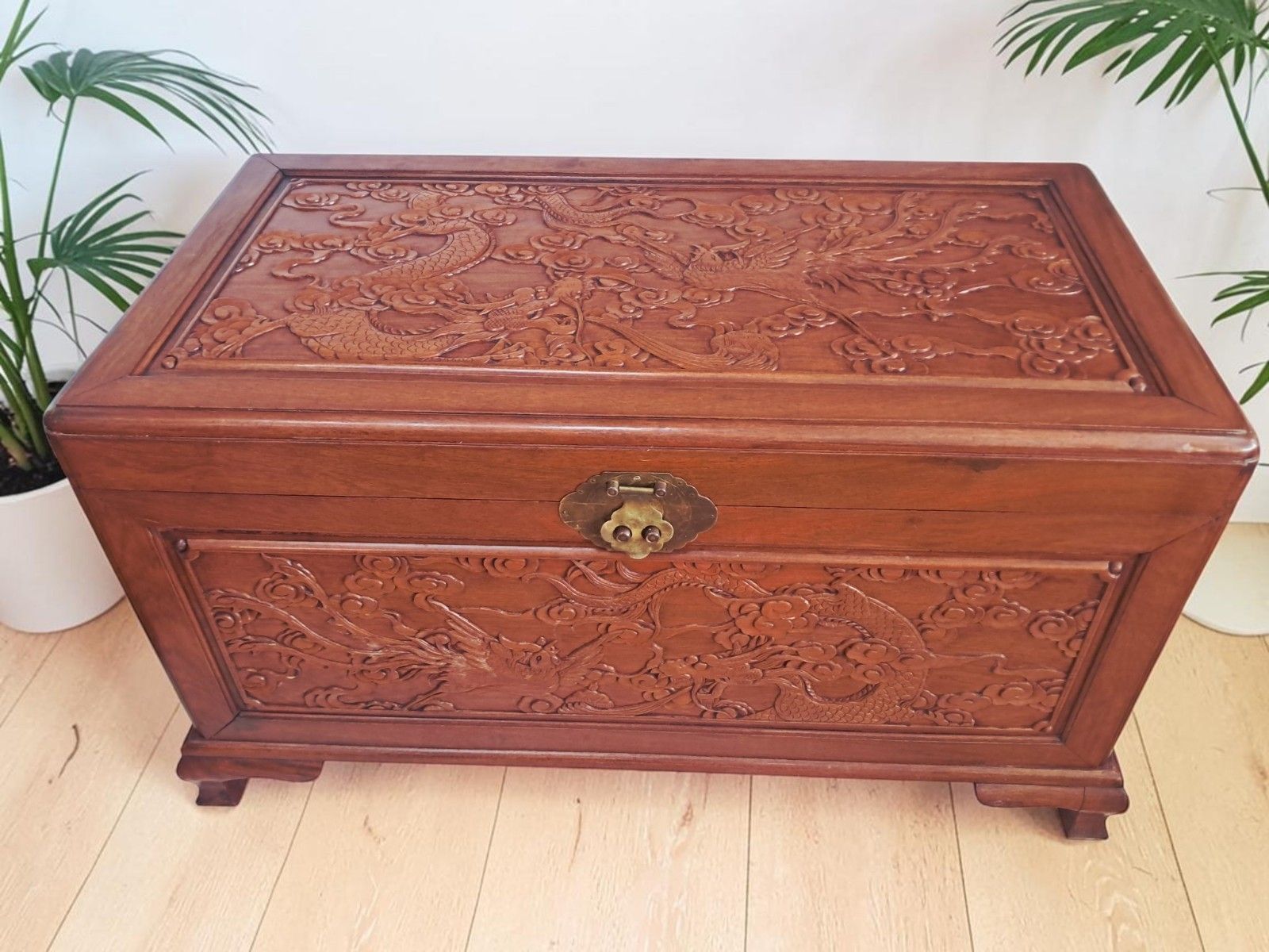 Large Oriental Camphor Wood Trunk Dragon Phoenix Carved Blanket Chest Coffee Tab photo Furniture