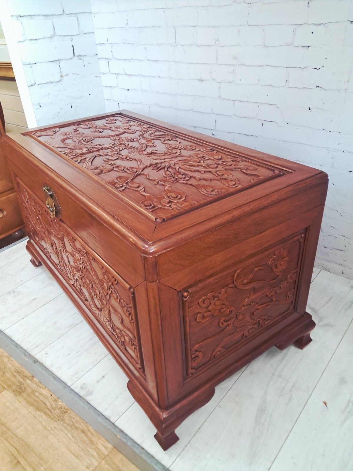 Large Oriental Camphor Wood Trunk Dragon Phoenix Carved Blanket Chest Coffee Tab photo vinterior