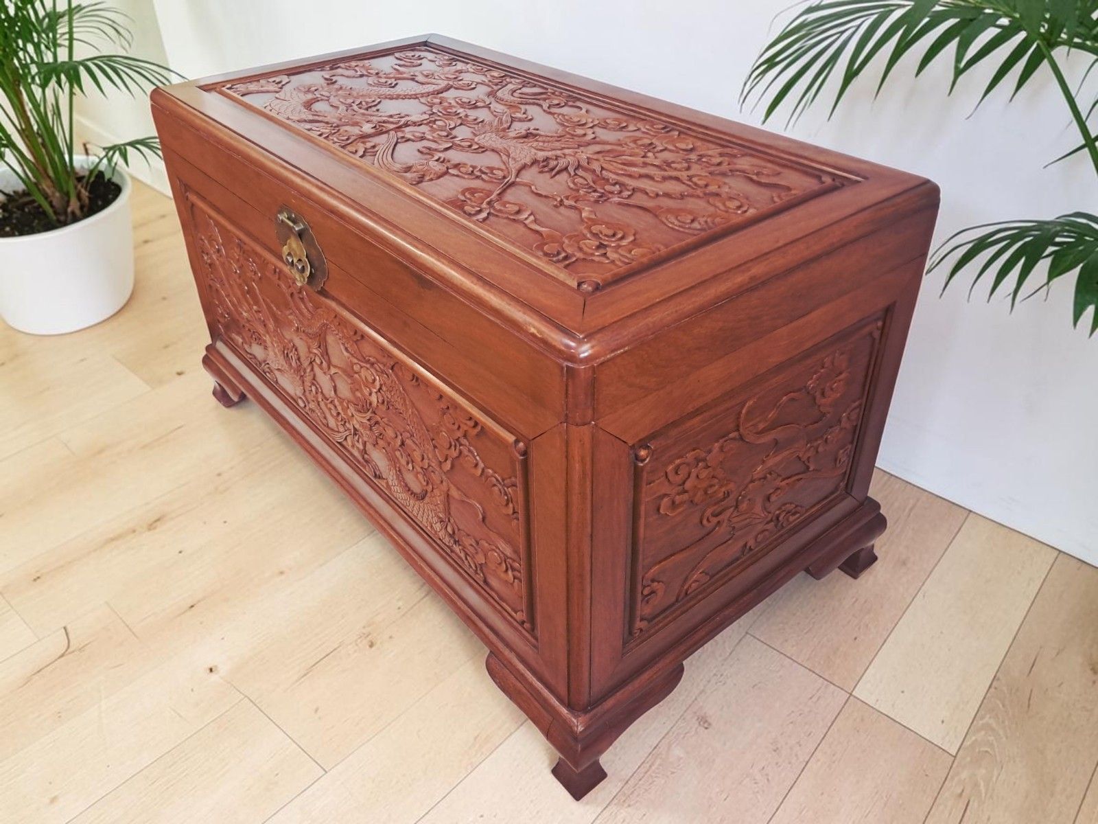 Large Oriental Camphor Wood Trunk Dragon Phoenix Carved Blanket Chest Coffee Tab photo buy