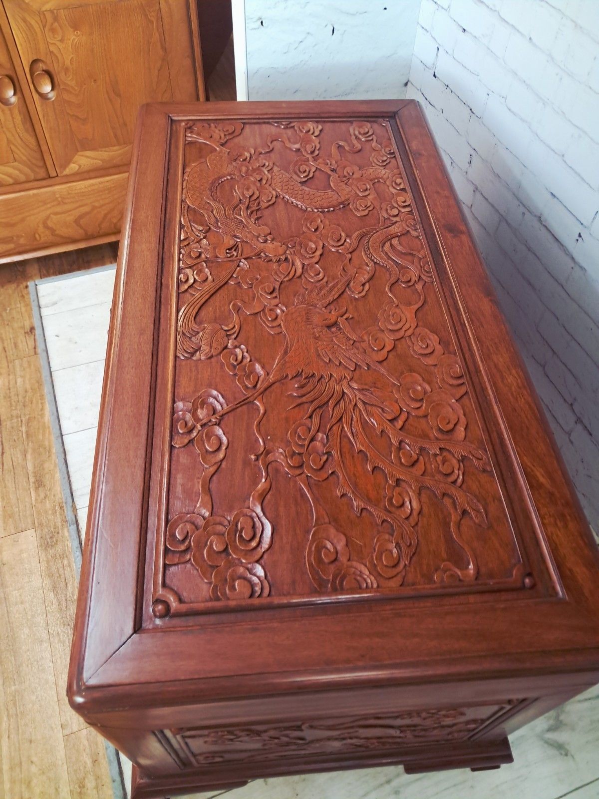 Large Oriental Camphor Wood Trunk Dragon Phoenix Carved Blanket Chest Coffee Tab photo vintage