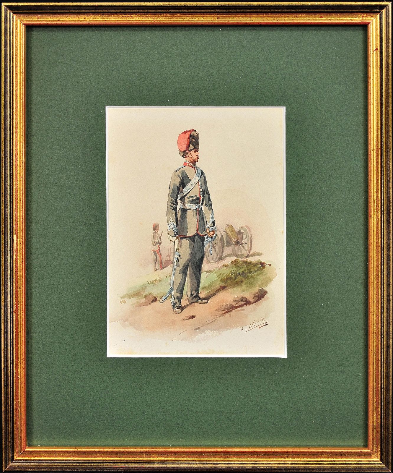 Orlando Norie, 1832-1901. Écossais. Officier de l'Artillerie royale canadienne à cheval. Aquarelle militaire victorienne encadrée représentant un uniforme.