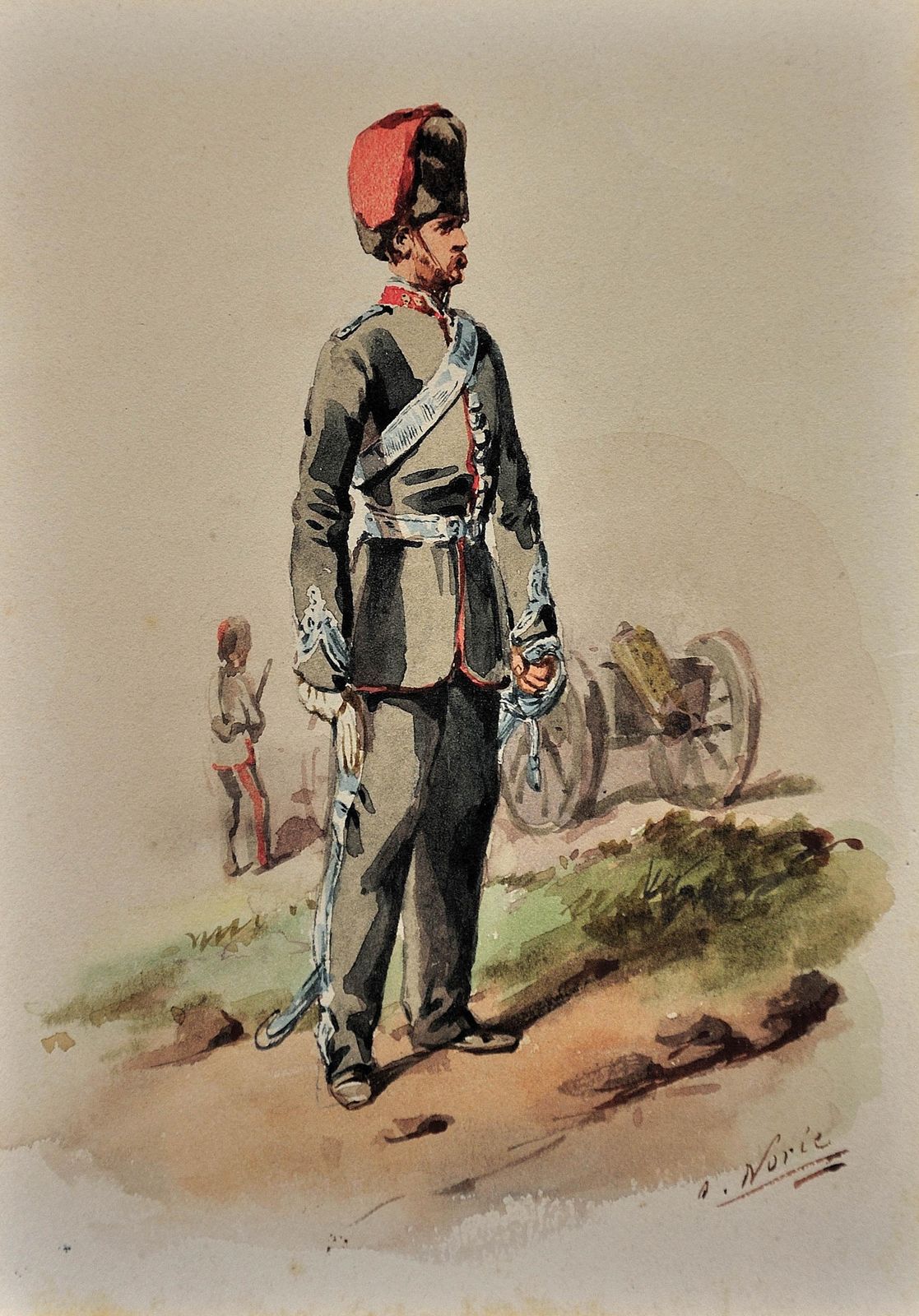 Orlando Norie, 1832-1901. Écossais. Officier de l'Artillerie royale canadienne à cheval. Aquarelle militaire victorienne encadrée représentant un uniforme. photo furniture
