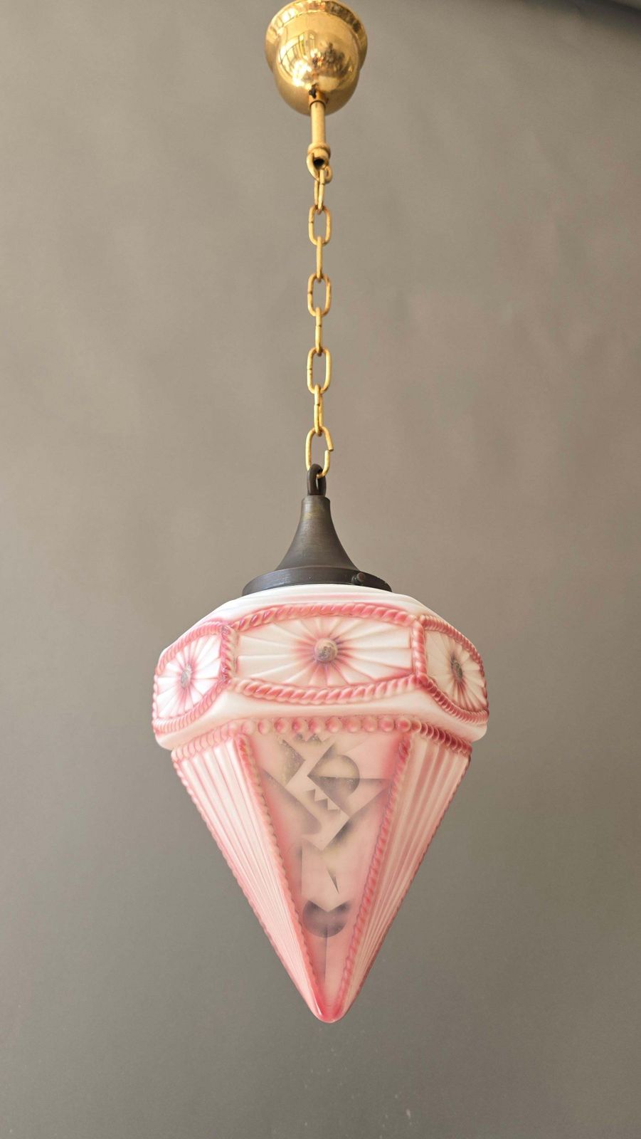 French Art Deco Style Pink Frosted Glass Pendant Lantern, Circa 1930 photo 1276.0