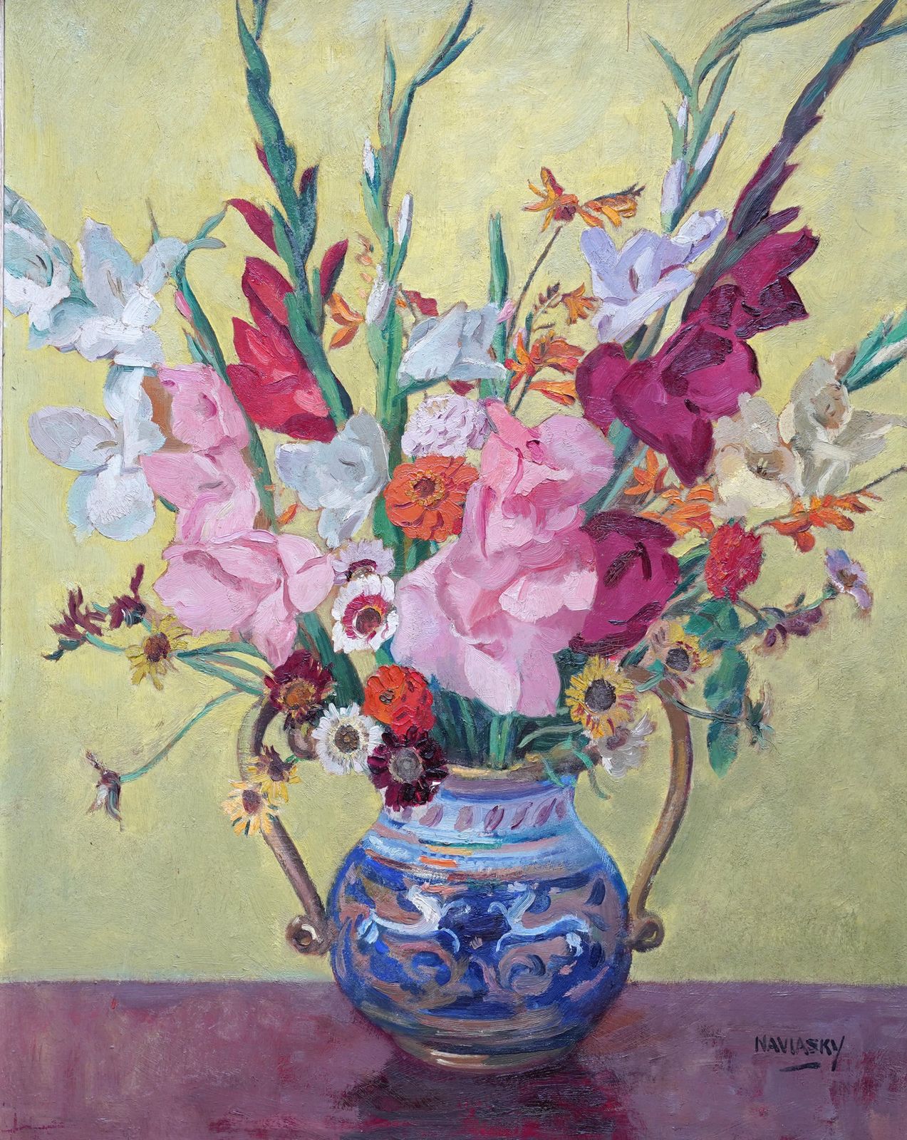 Philip Naviasky Gladioli In Vase   British 1030's Floral Still Life Art Oil Painting Flowers  Circa 1939 photo furniture