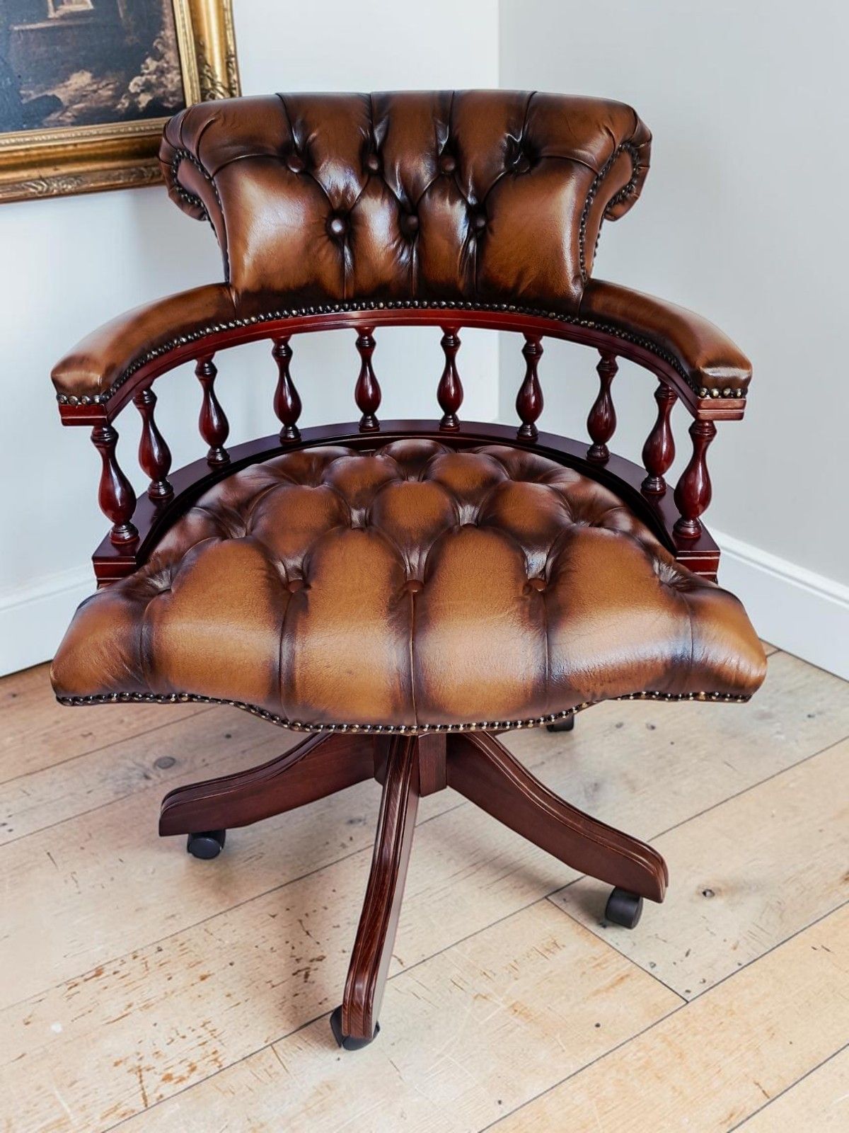 Antique Style Captains Chair Chesterfield Style Brown Leather Swivel & Tilt Desk