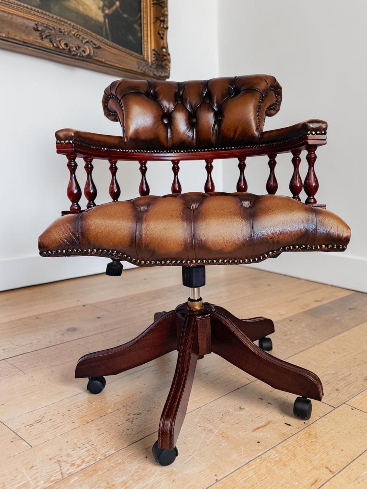 Antique Style Captains Chair Chesterfield Style Brown Leather Swivel & Tilt Desk photo for sale