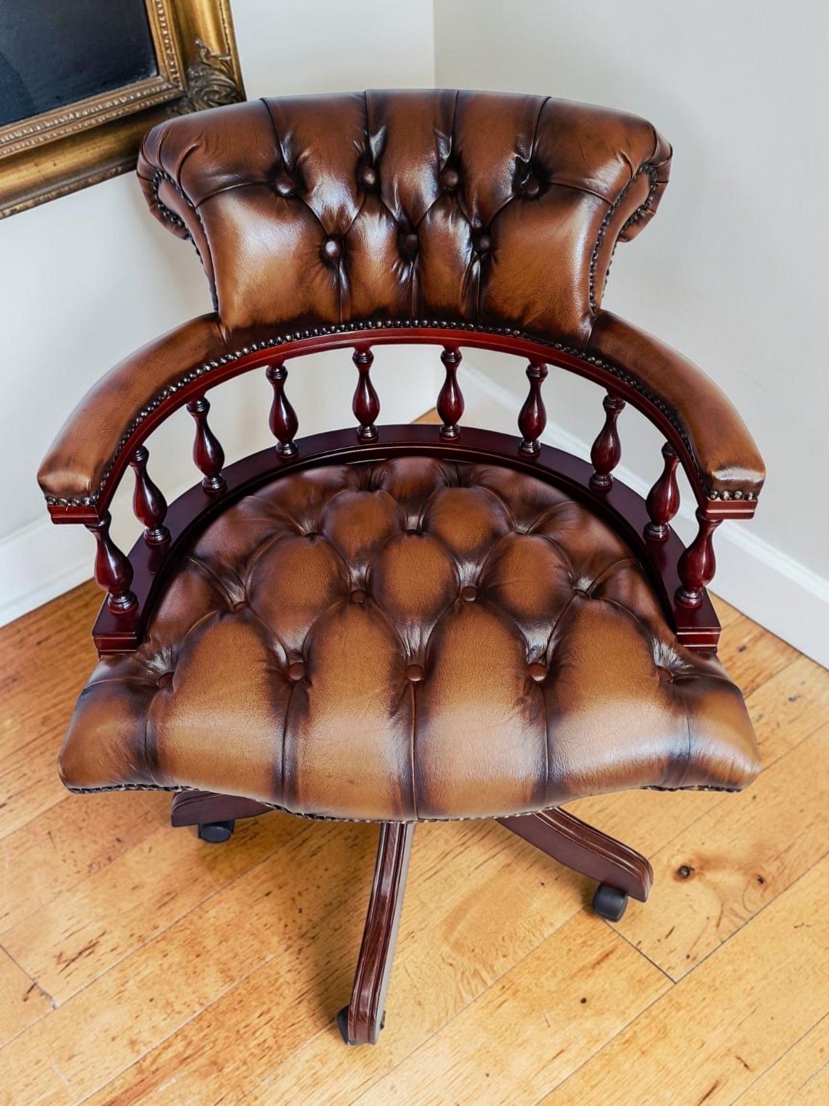 Antique Style Captains Chair Chesterfield Style Brown Leather Swivel & Tilt Desk photo Furniture