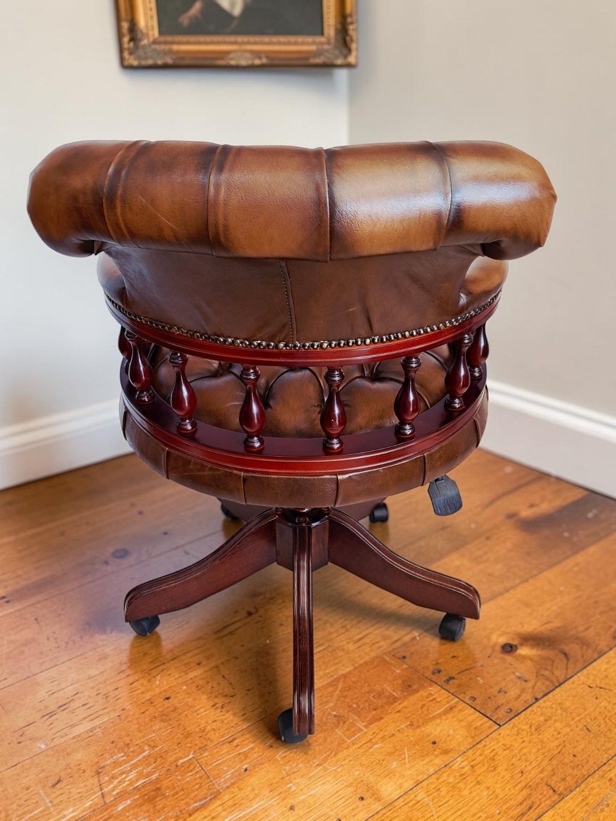 photo vinterior Antique Style Captains Chair Chesterfield Style Brown Leather Swivel & Tilt Desk