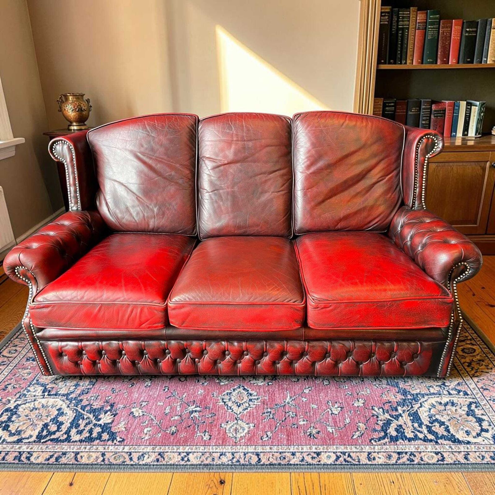 Vintage Oxblood Leather Sofa | Chesterfield Style Three Seater | Traditional Club Sofa