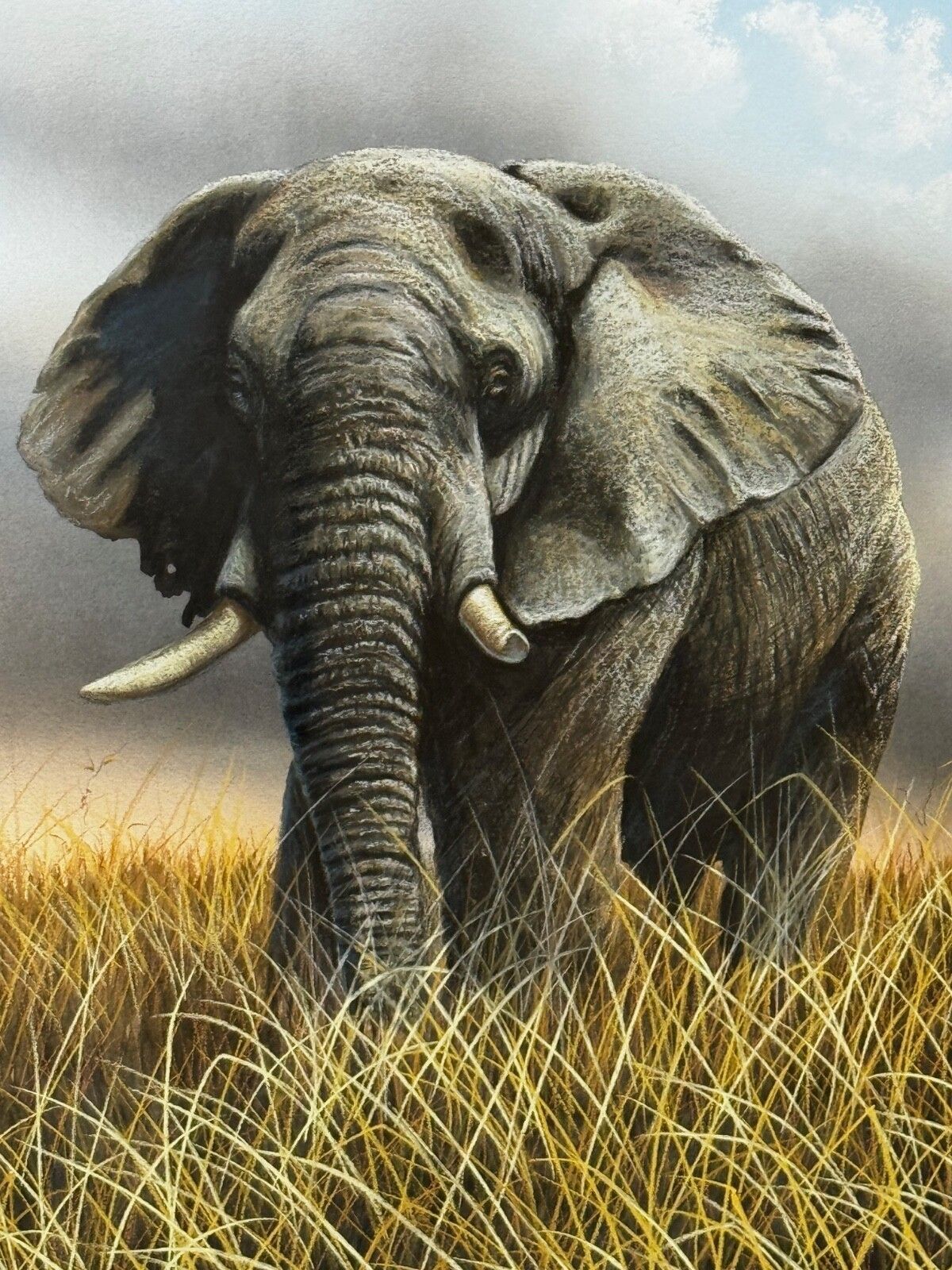 20e-eeuws schilderij van een aanvallende olifantenstier in het Kruger National Park, gesigneerd Peter Jepson, met tentoonstellingslabel photo furniture