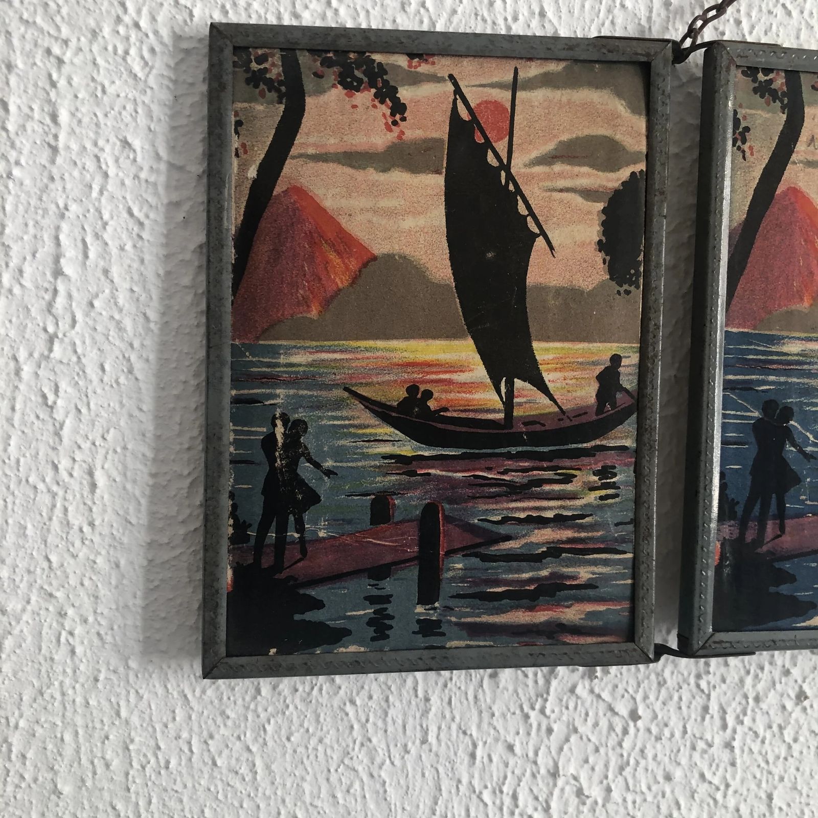 Vintage 1940s Triptych Mirror For Barber/Hairdresser With A Boat And Sea Scene   16 X 37 Cm photo 99.0