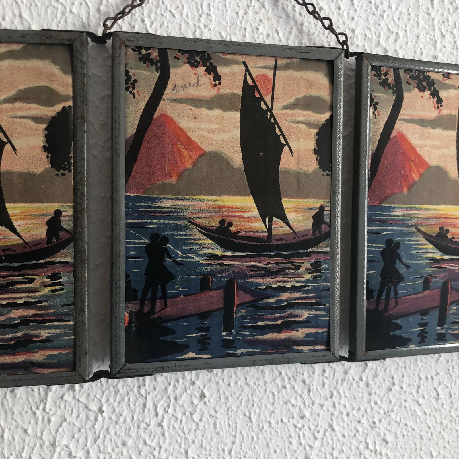 Vintage 1940s Triptych Mirror For Barber/Hairdresser With A Boat And Sea Scene   16 X 37 Cm photo vinterior