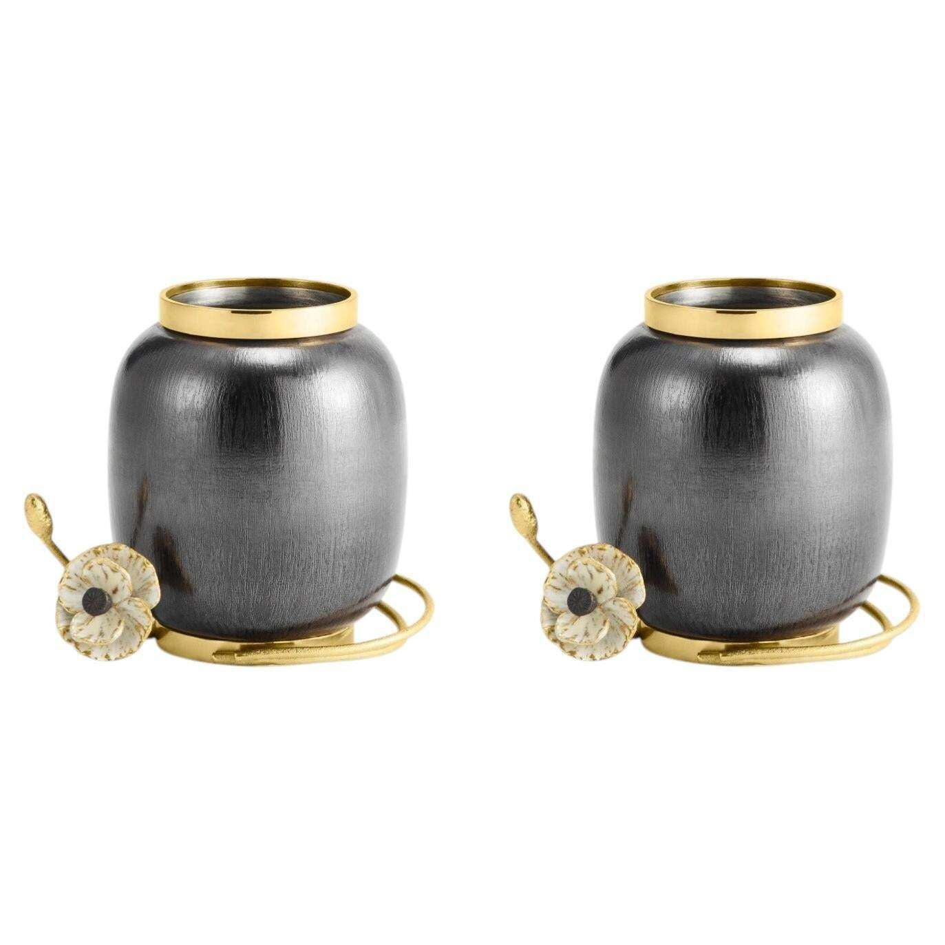 Pair Of Small Contemporary Black And Gold Metal Anemone Vase