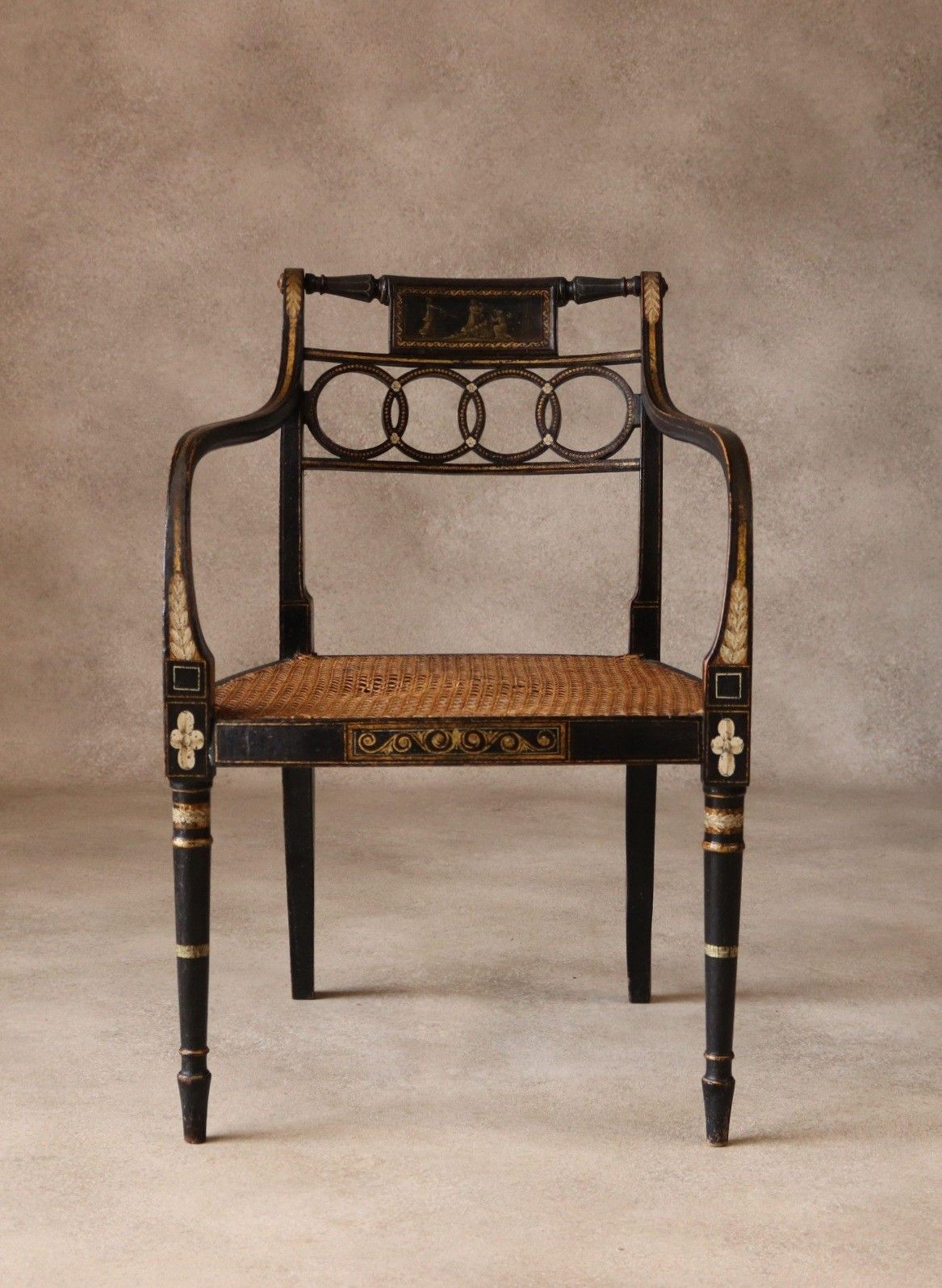 Antique Regency Ebonised Parcel Gilt Painted Elbow Chair Cane Seat Armchair