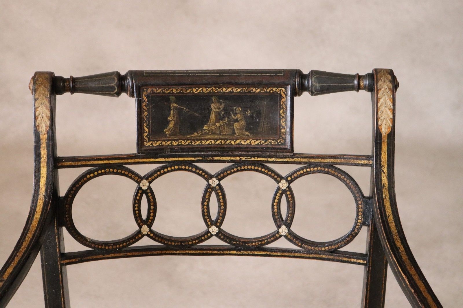 photo buy Antique Regency Ebonised Parcel Gilt Painted Elbow Chair Cane Seat Armchair