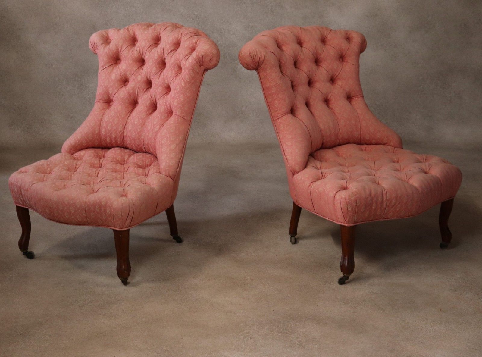 Pair Of Antique Walnut Victorian Chairs Scroll Back Slipper Chairs photo vinterior