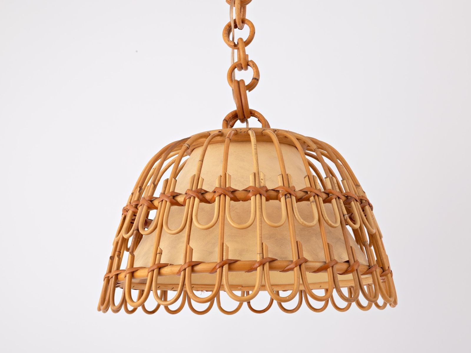 Mid Century Spanish French Riviera Bamboo Rattan Wicker Pendant Lamp 1960s Ceiling Light Boho Coastal Cote D'azur Pencil Reed Franco Albini photo for sale