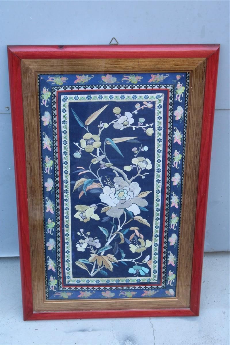 Painting With Hand Embroidered Colorful Silk Fabric With Flowers Birds And Trees photo furniture