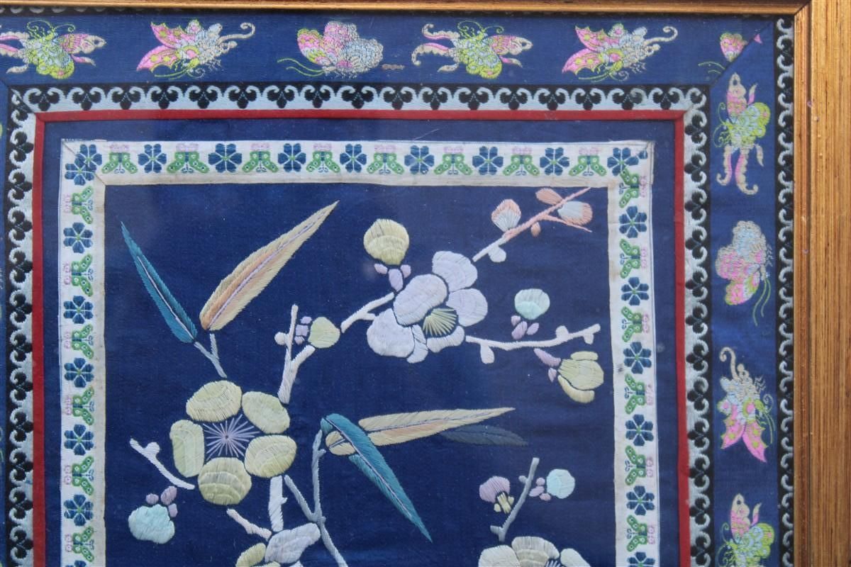 Painting With Hand Embroidered Colorful Silk Fabric With Flowers Birds And Trees photo for sale