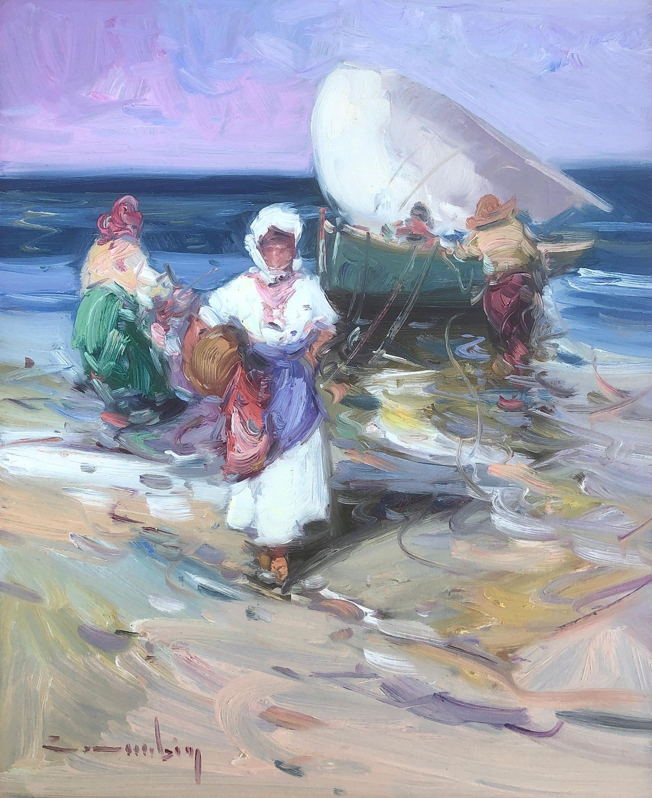 Gabriel Casarrubios Spanish Fisherwomen On Mediterranean Beach Post Impressionist Coastal Scene Art C.2000