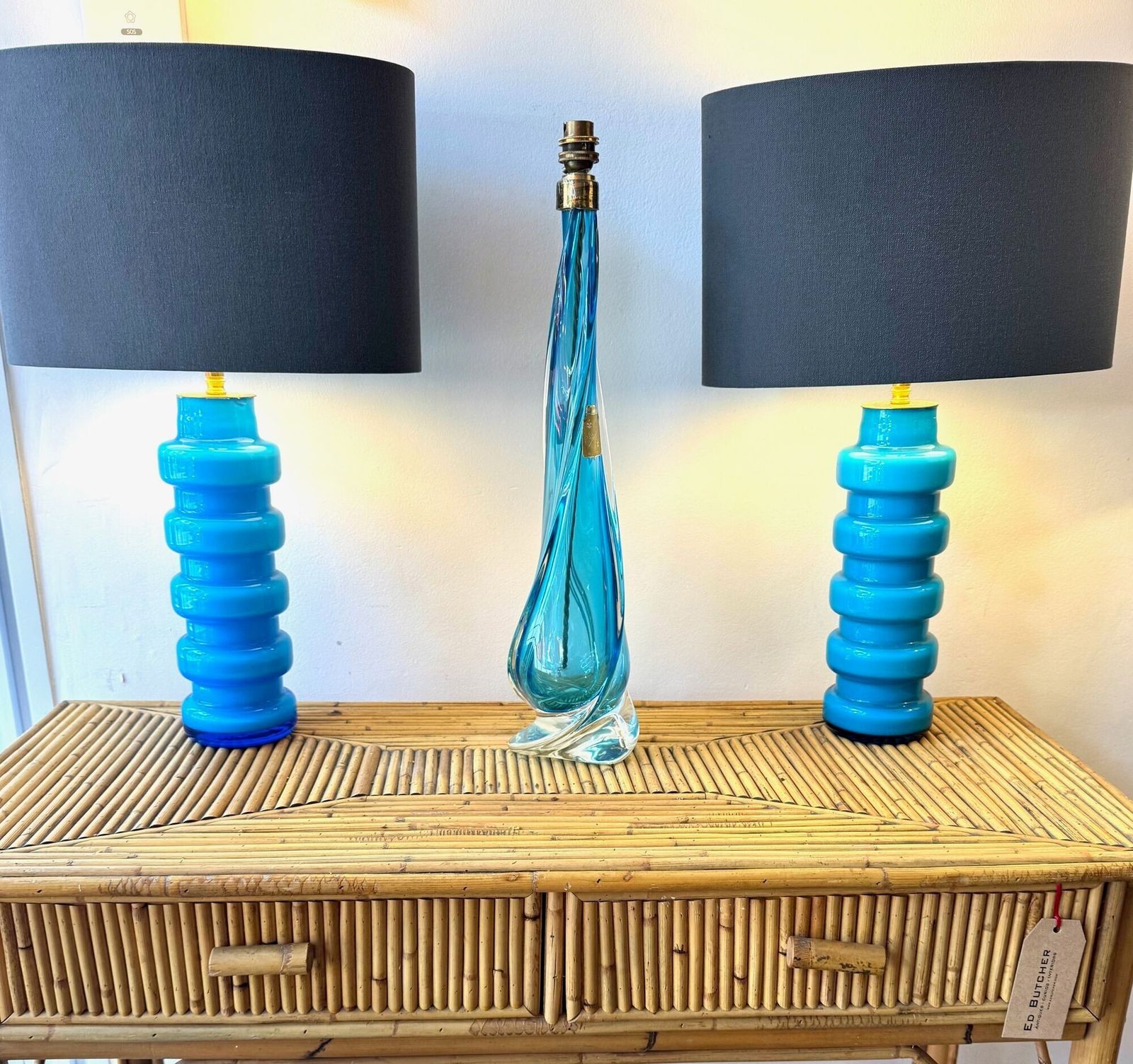 A Pair Of 1960s Danish Glass Lamps By Holmegaard With Brass Fittings photo for sale