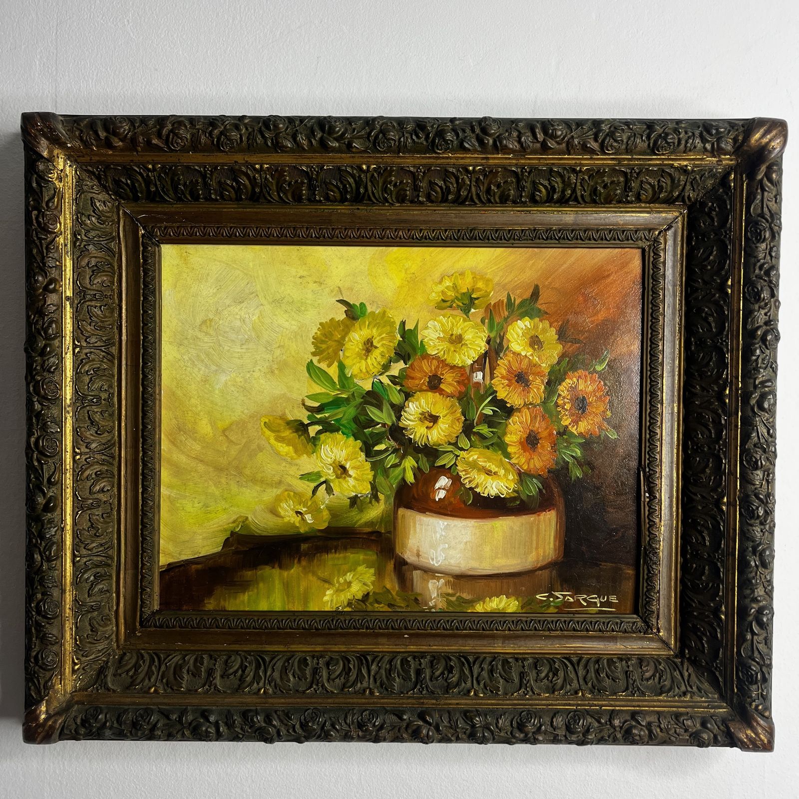 Vintage French Oil Painting Of Marigolds In A Vase By C. Jarque
