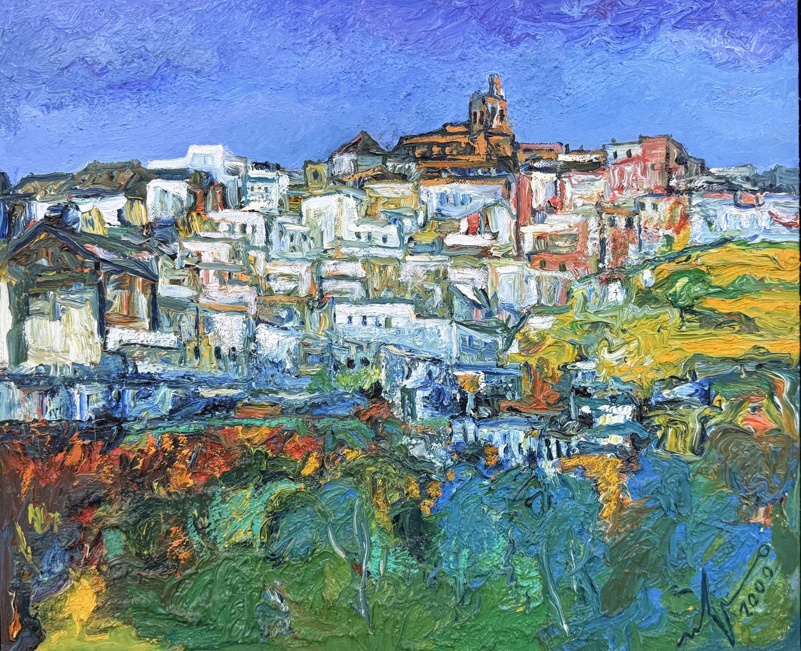 Ulpiano Carrasco, Village andalou blanc texturé, paysage expressif à l'huile en impasto, Espagne, 2000 photo furniture