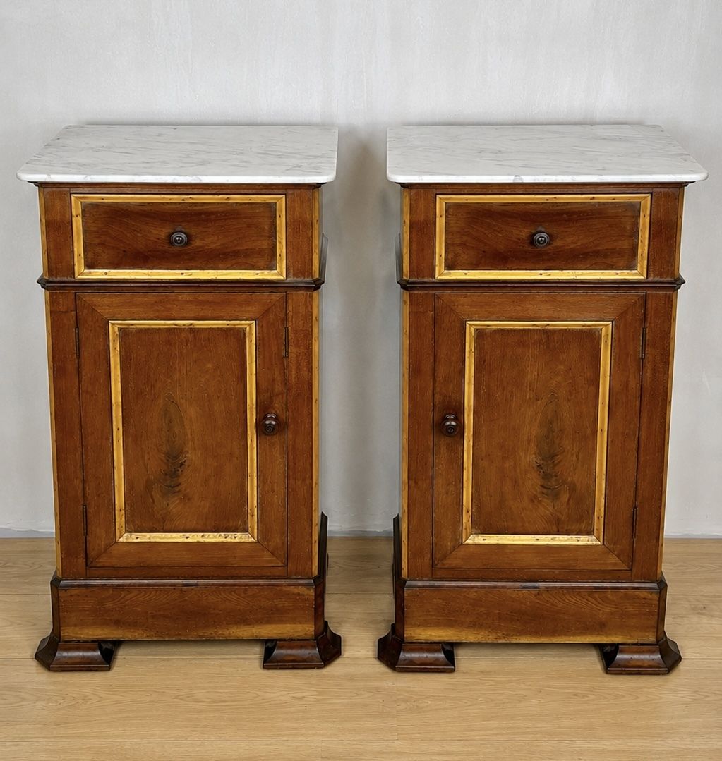 Pair Of Spanish Wooden Nightstands With Marble Top, 1930s photo furniture