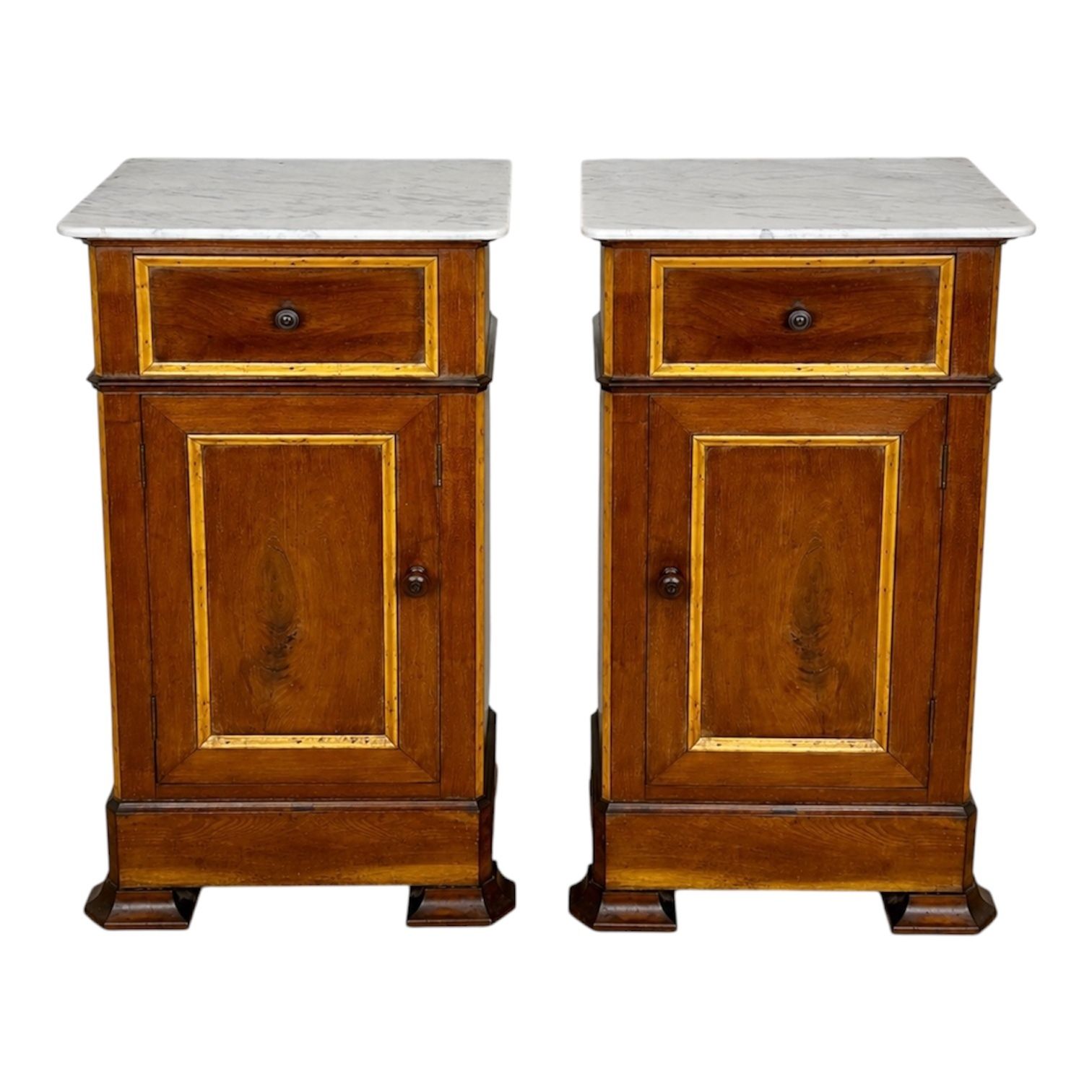 Pair Of Spanish Wooden Nightstands With Marble Top, 1930s