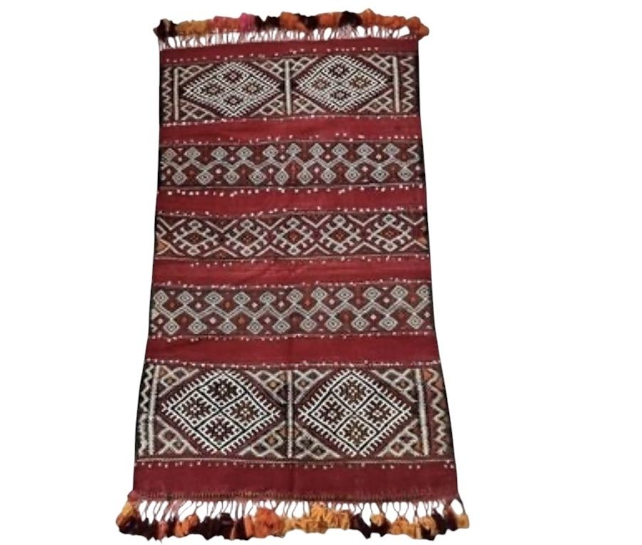 Vintage Moroccan Kilim Berber Rug Wool Sequinstassels