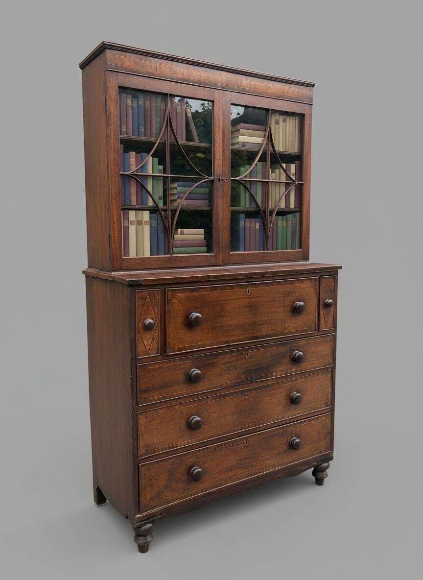Beautiful Georgian Mahogany Inlaid Secretaire Bookcase, Classic 18th Century British Furniture Desk Design