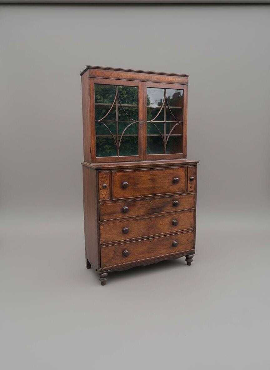 Beautiful Georgian Mahogany Inlaid Secretaire Bookcase, Classic 18th Century British Furniture Desk Design photo furniture