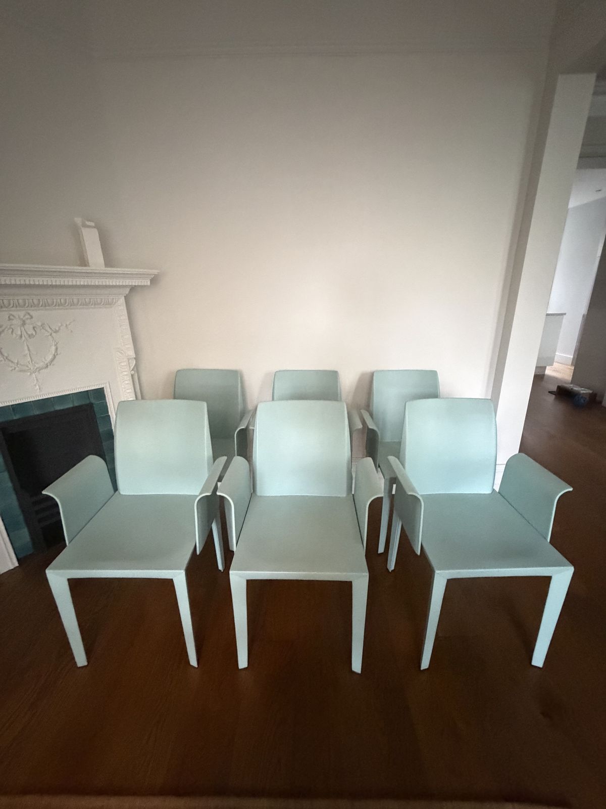 Poltrona Frau Lola Dining Chairs Set Of 6 Celadon Leather Armchairs Italy photo buy