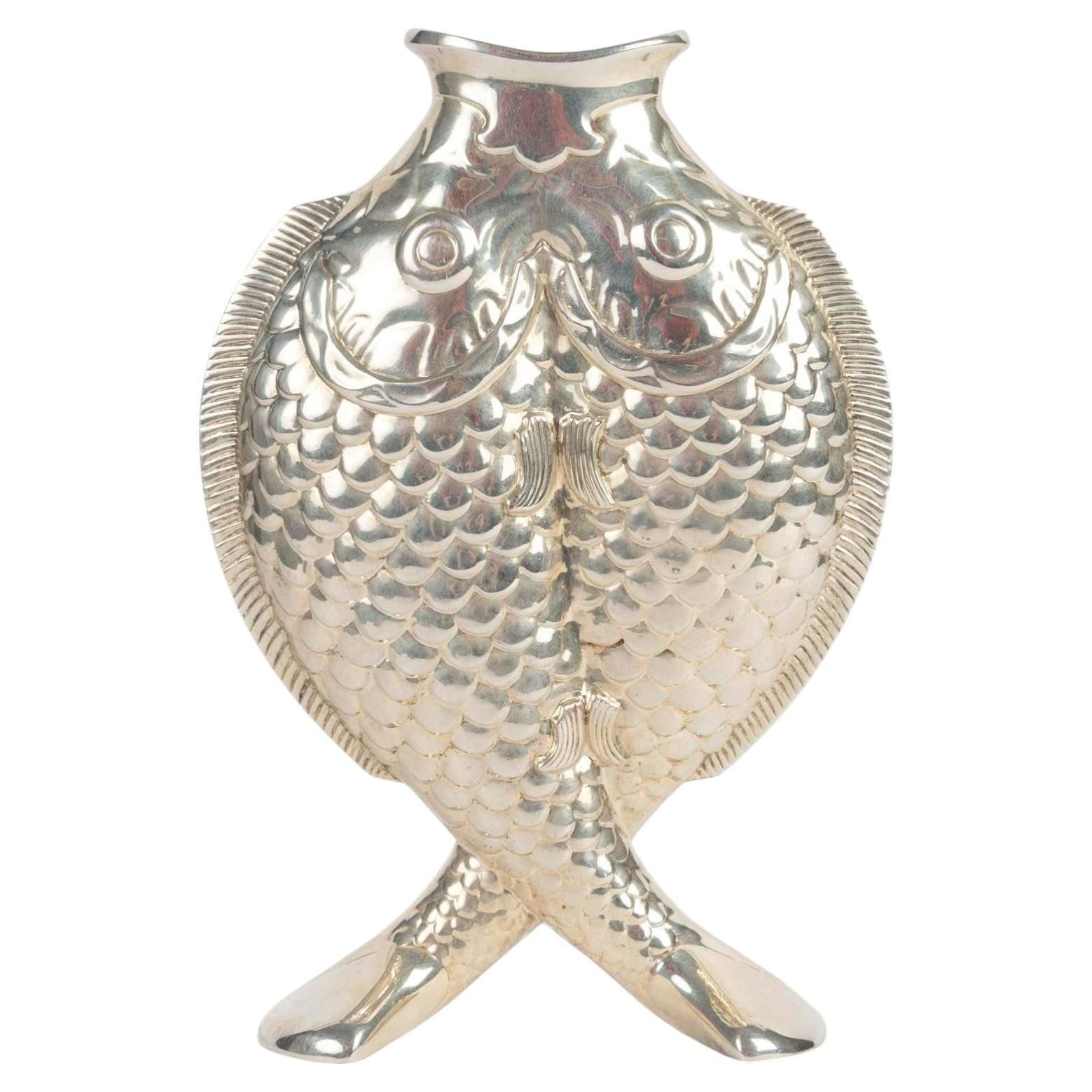 Christofle Silver Plated Vase With Two Fish, 20th Century.