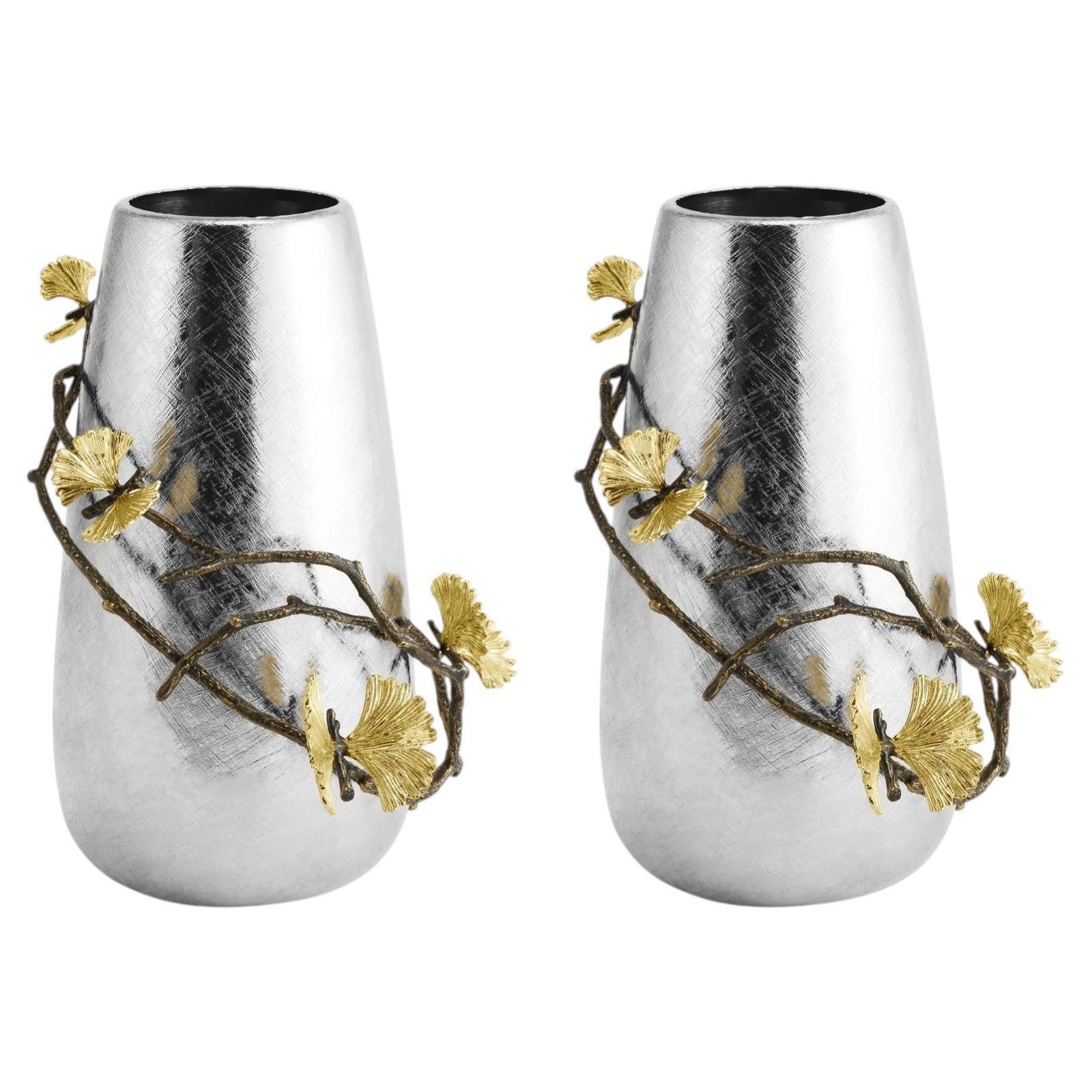 Pair Of Large Contemporary Silver Metal Ginkgo Vase With Gold Accents