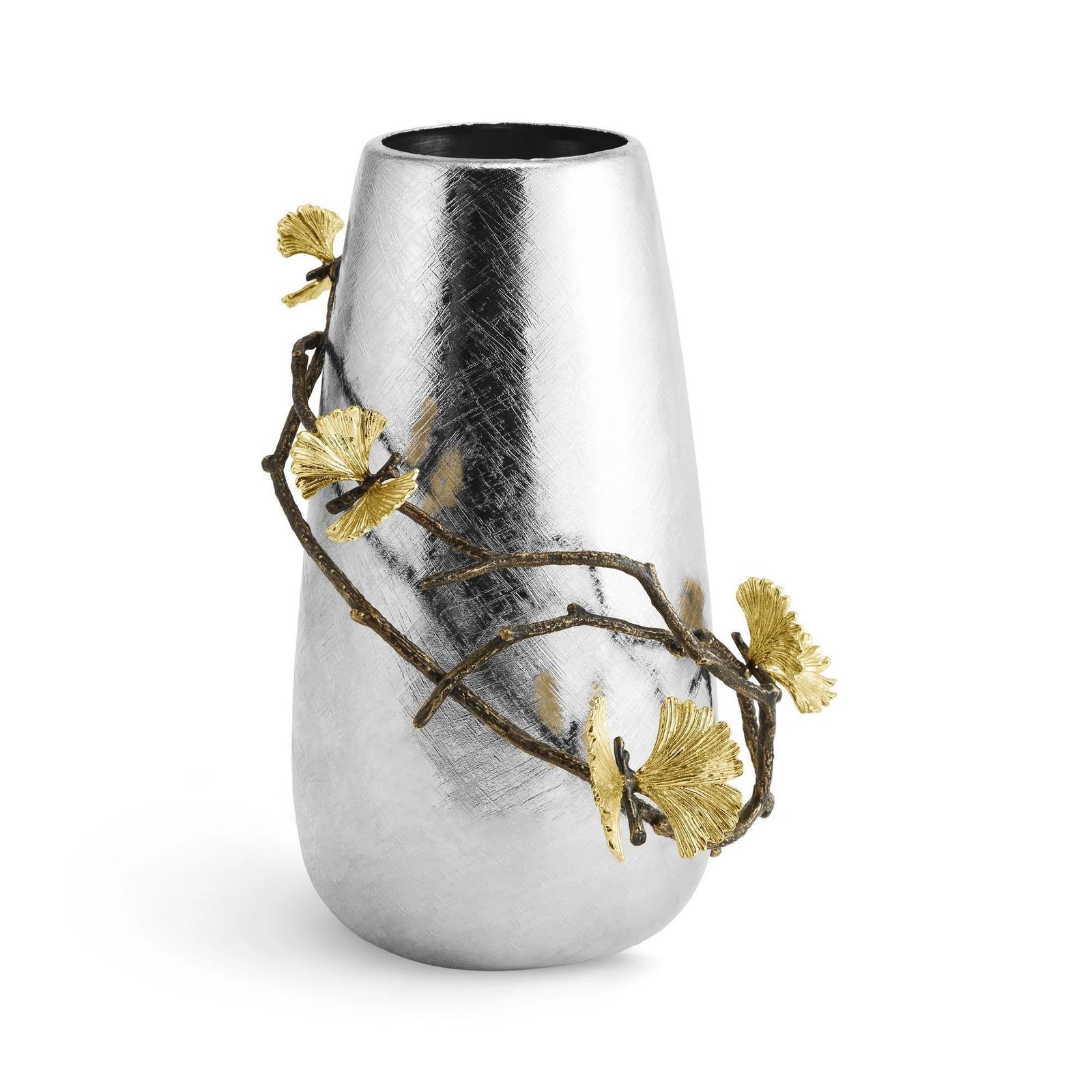 Pair Of Large Contemporary Silver Metal Ginkgo Vase With Gold Accents photo furniture