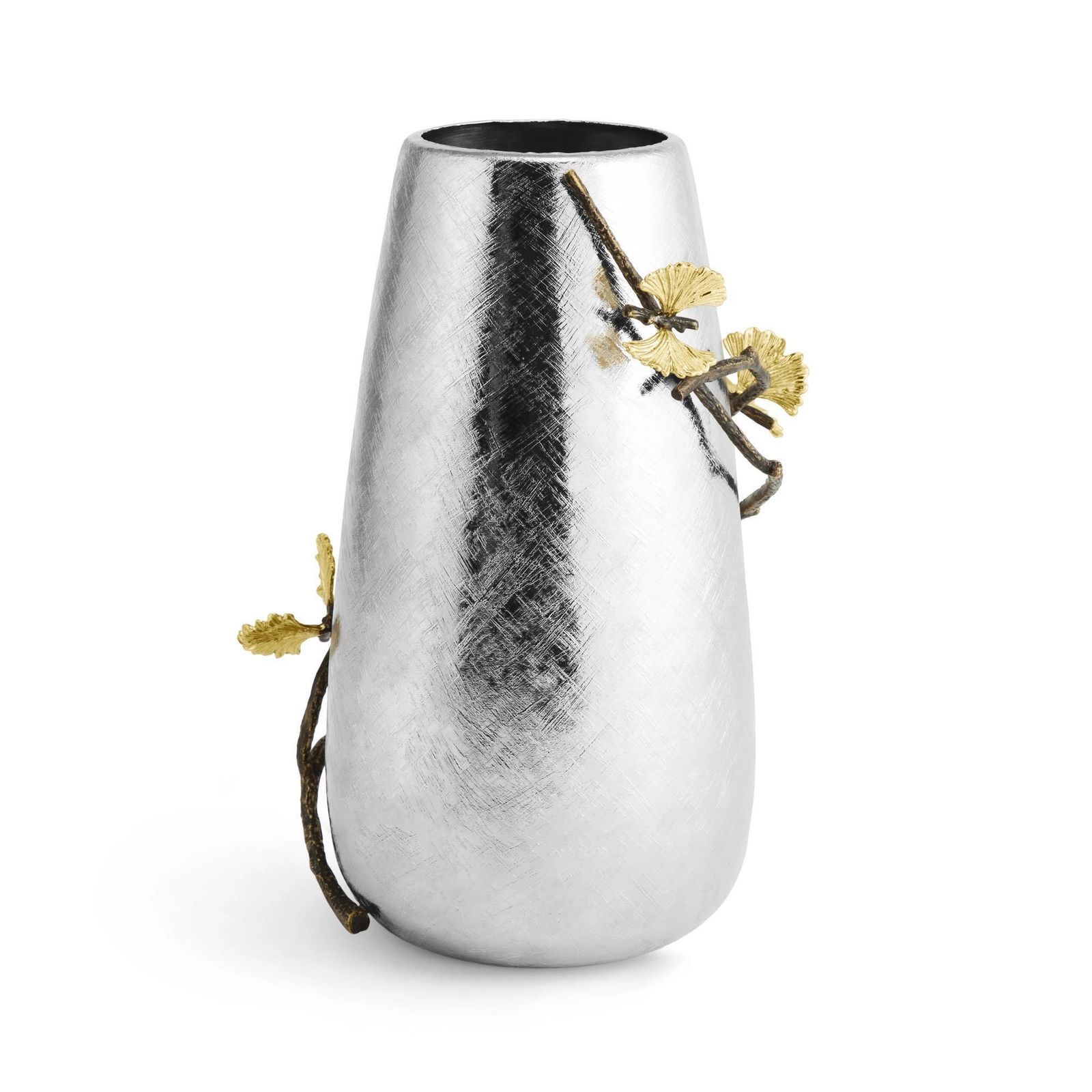 Pair Of Large Contemporary Silver Metal Ginkgo Vase With Gold Accents photo Home Decor