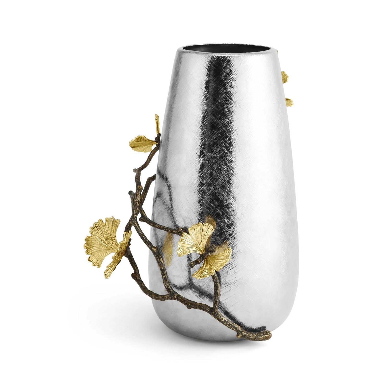 Pair Of Large Contemporary Silver Metal Ginkgo Vase With Gold Accents photo vinterior