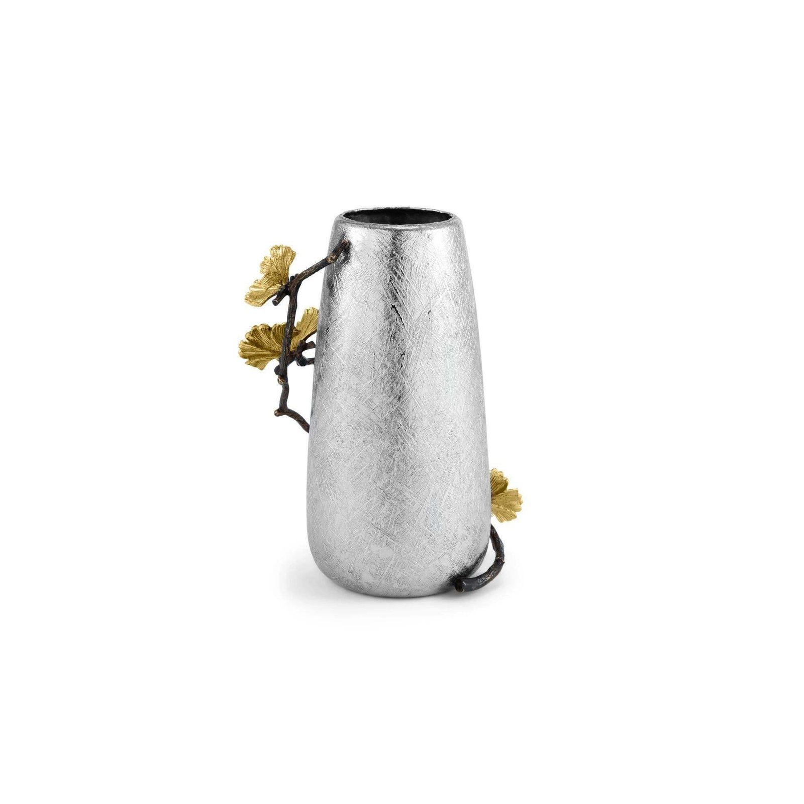 Pair Of Large Contemporary Silver Metal Ginkgo Vase With Gold Accents photo vintage