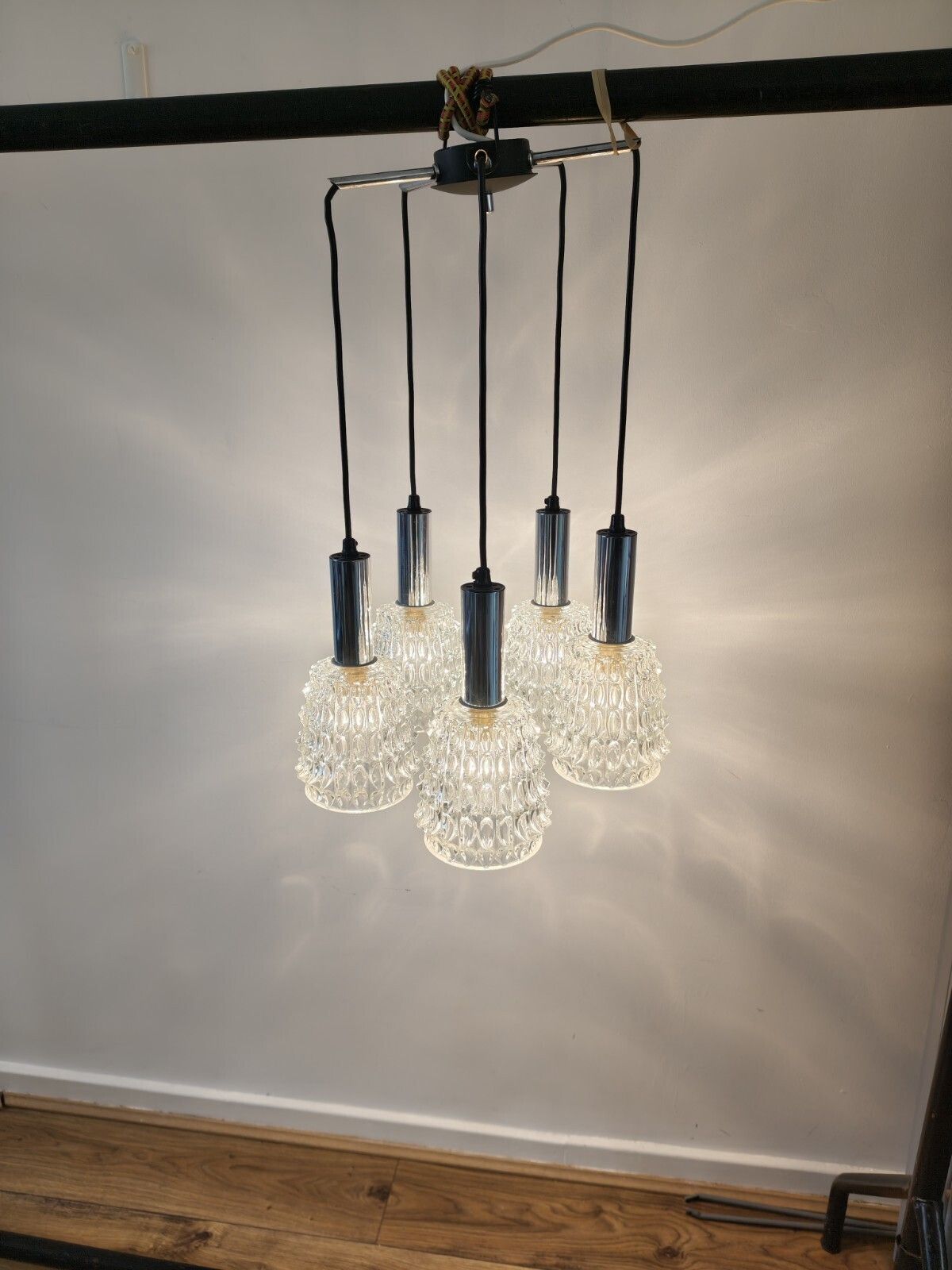 Vintage Mcm 5 Arm Chrome Chandelier Pineapple Glass Lamp Shades 1960s Space Age. photo for sale