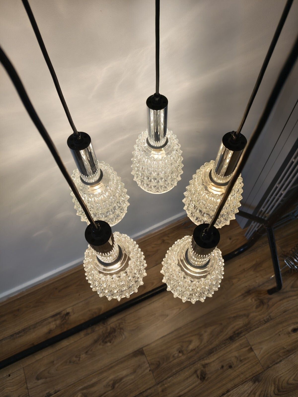 Vintage Mcm 5 Arm Chrome Chandelier Pineapple Glass Lamp Shades 1960s Space Age. photo Lighting