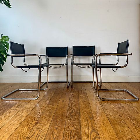 Set Of 4 Mid Century Breuer Chairs In Black Leather
