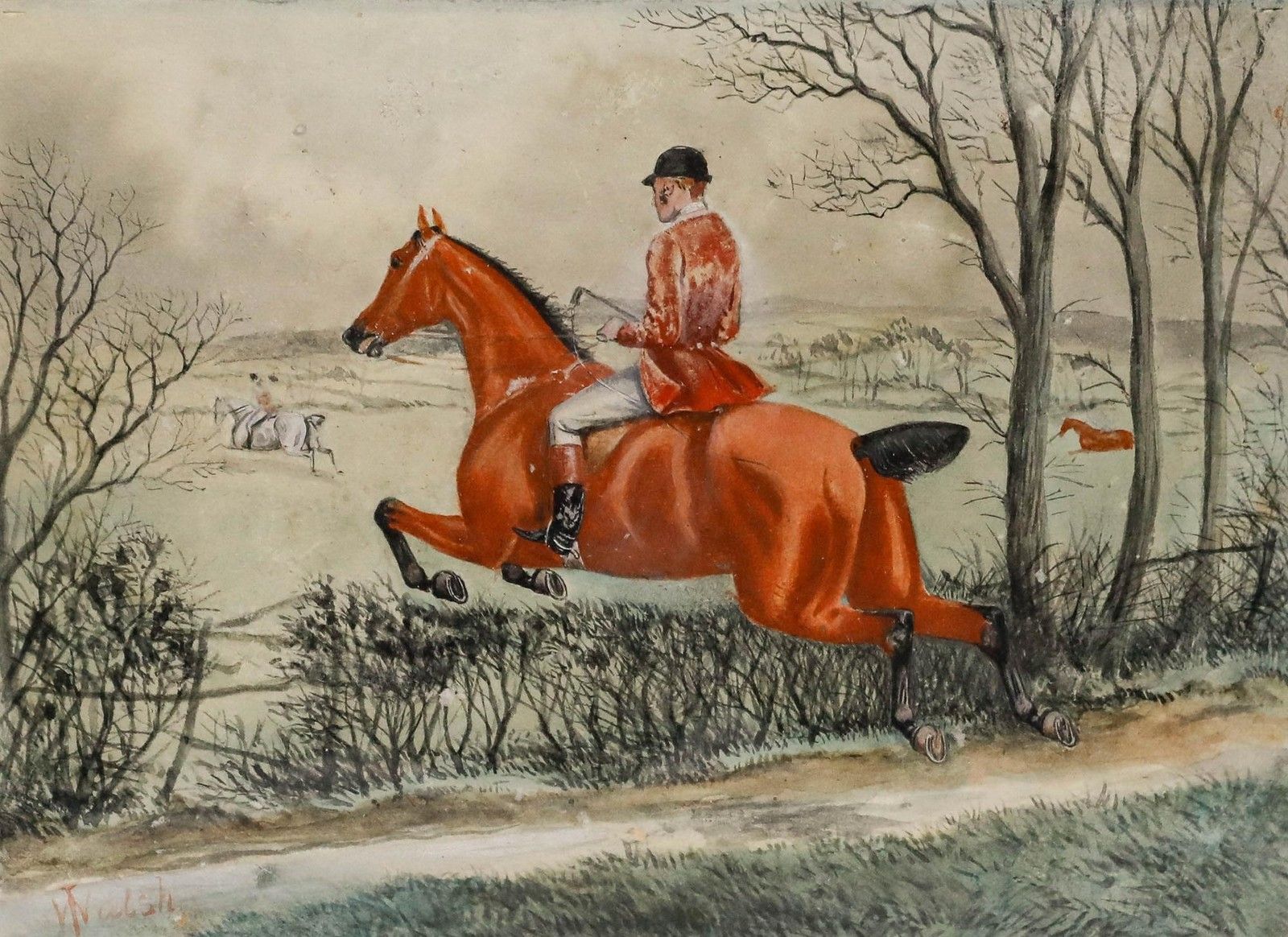 T. Walsh 19th Century Watercolour, The Hunt Takes The Leap photo furniture