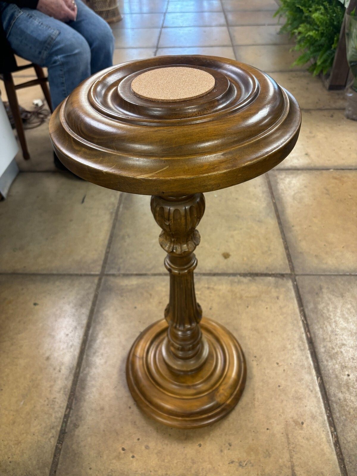 Antique Oak Carved Pedestal Torchiere/ Plant Stand With Cork Centre photo for sale