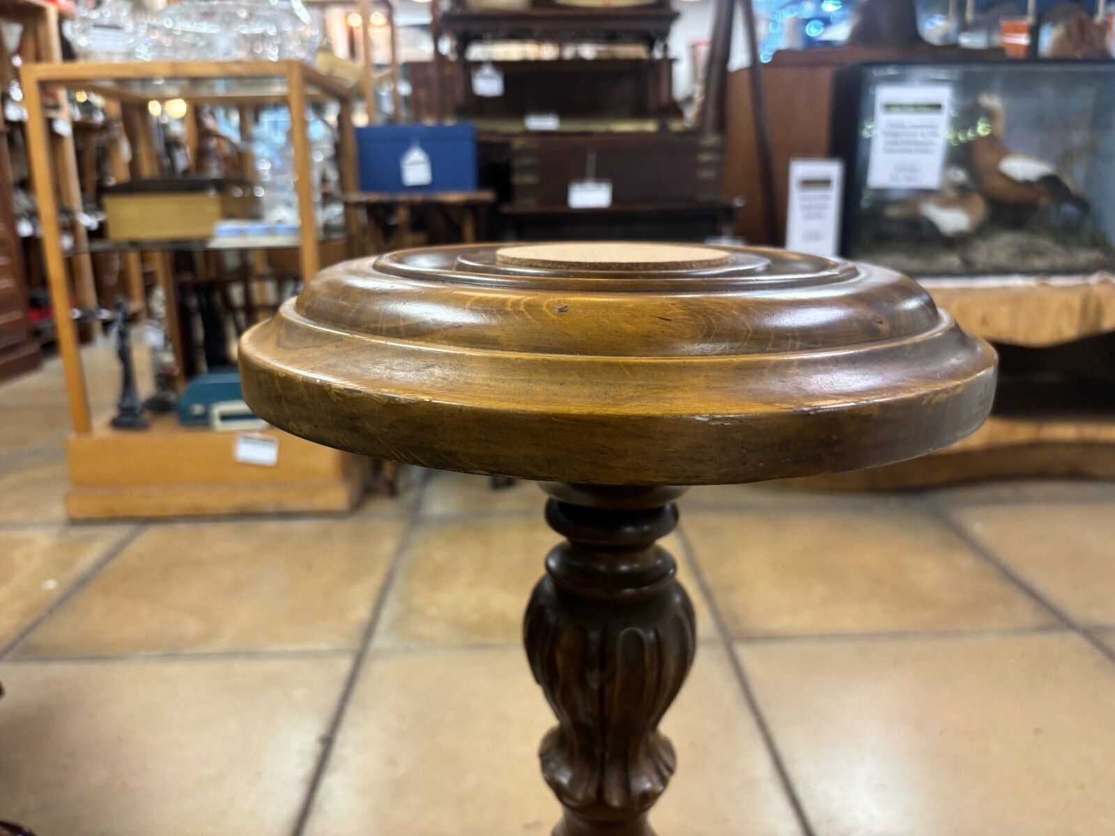 Antique Oak Carved Pedestal Torchiere/ Plant Stand With Cork Centre photo vintage