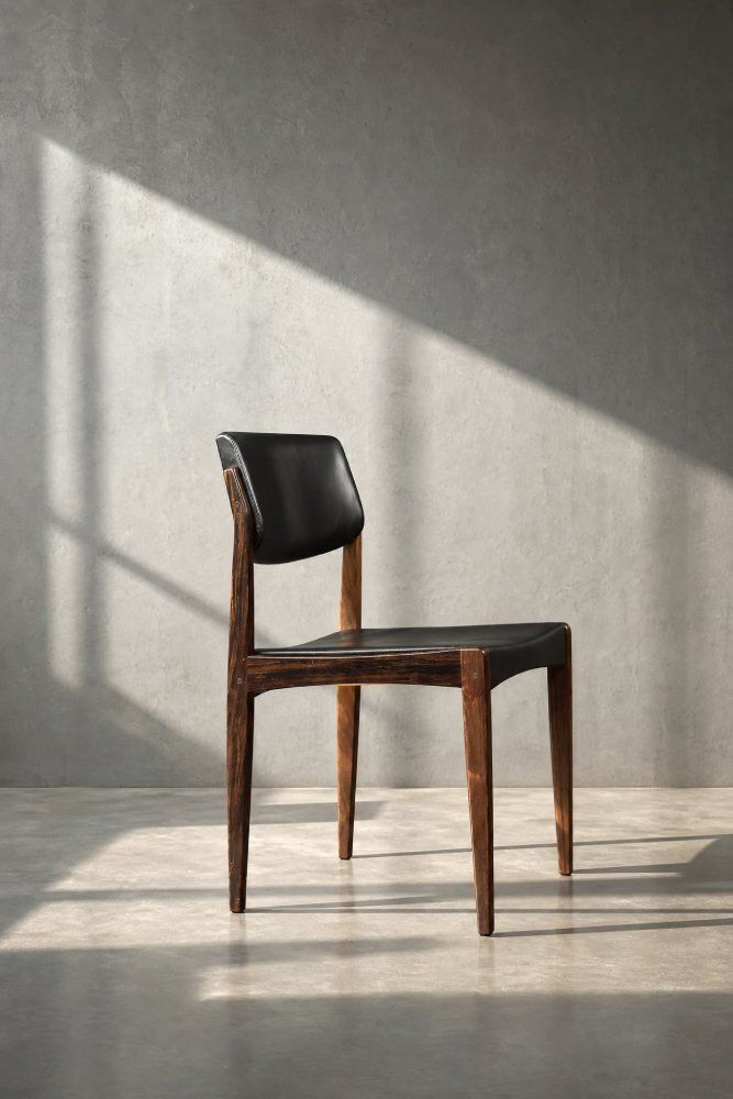 photo buy Mid-Century Scandinavian Modern Rozenhouten en Zwartleren Stoelen van H.W. Klein voor Bramin, jaren 1960, Set van 3