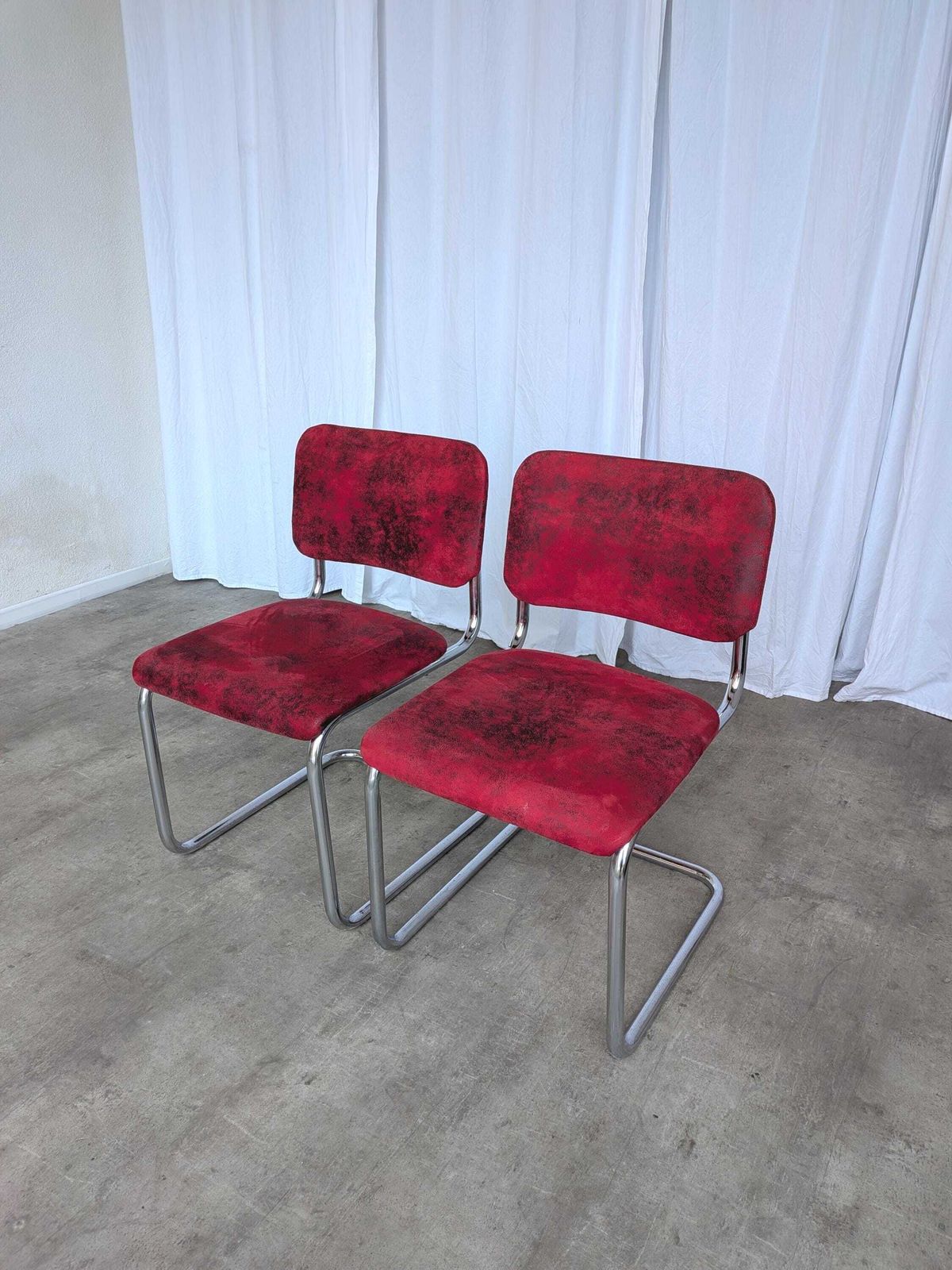 Set Of 2 Cesca Style Dining Chair: Red Fabric, Tubular Chrome Frame, 1970s