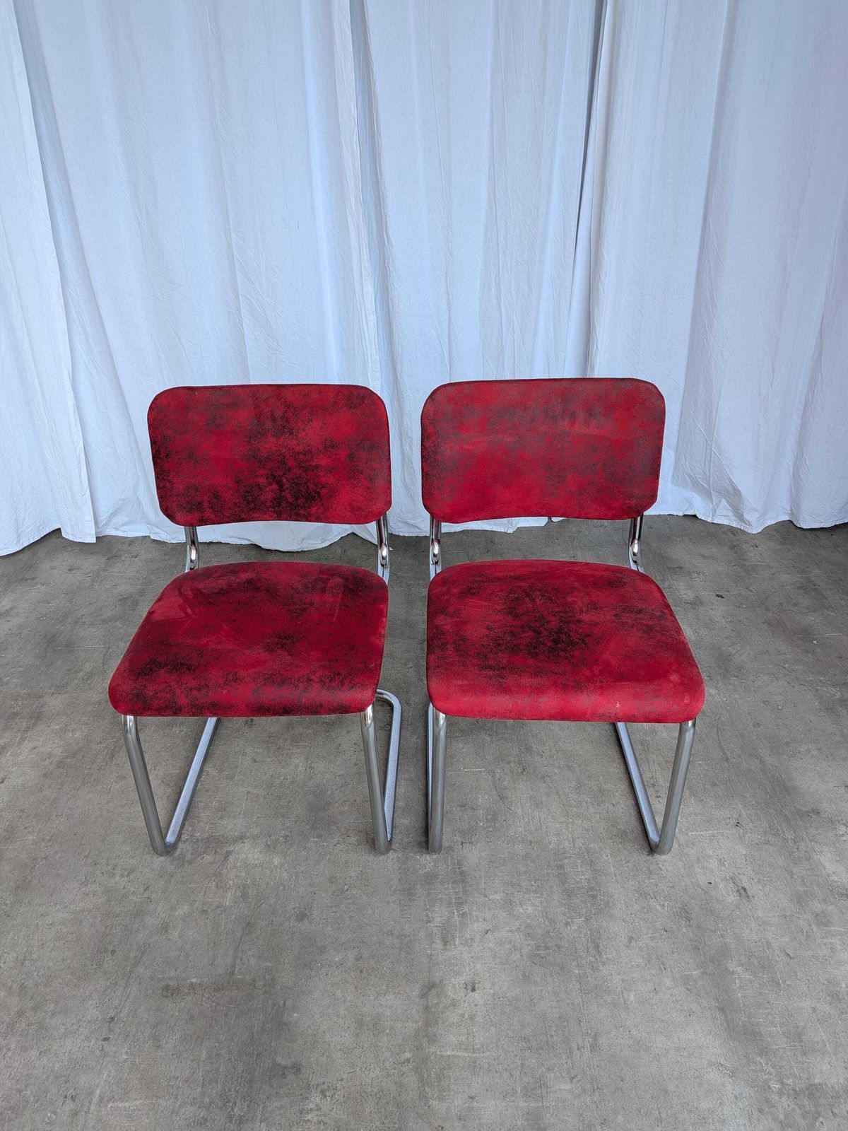 Set Of 2 Cesca Style Dining Chair: Red Fabric, Tubular Chrome Frame, 1970s photo furniture