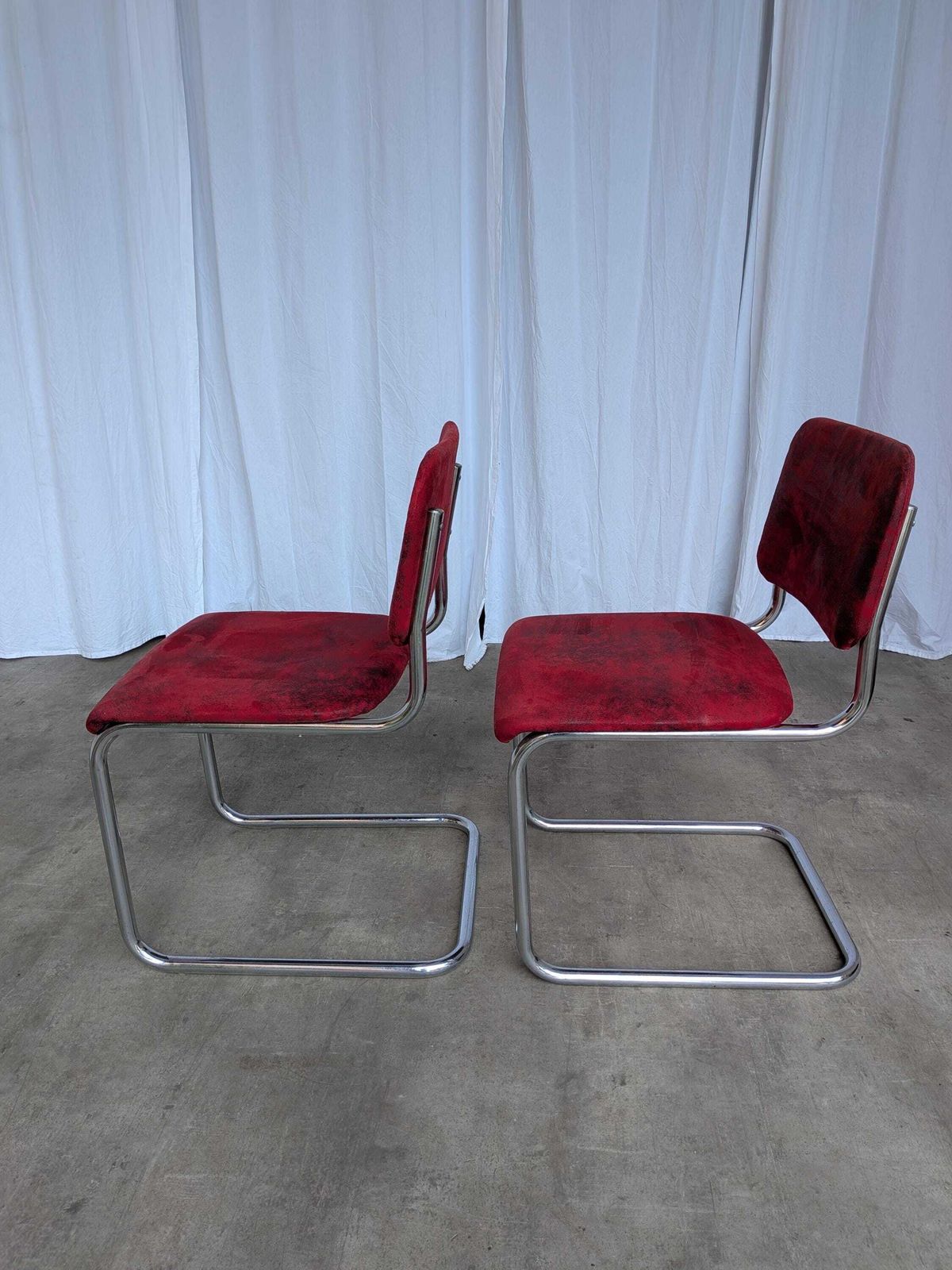 Set Of 2 Cesca Style Dining Chair: Red Fabric, Tubular Chrome Frame, 1970s photo 477.0