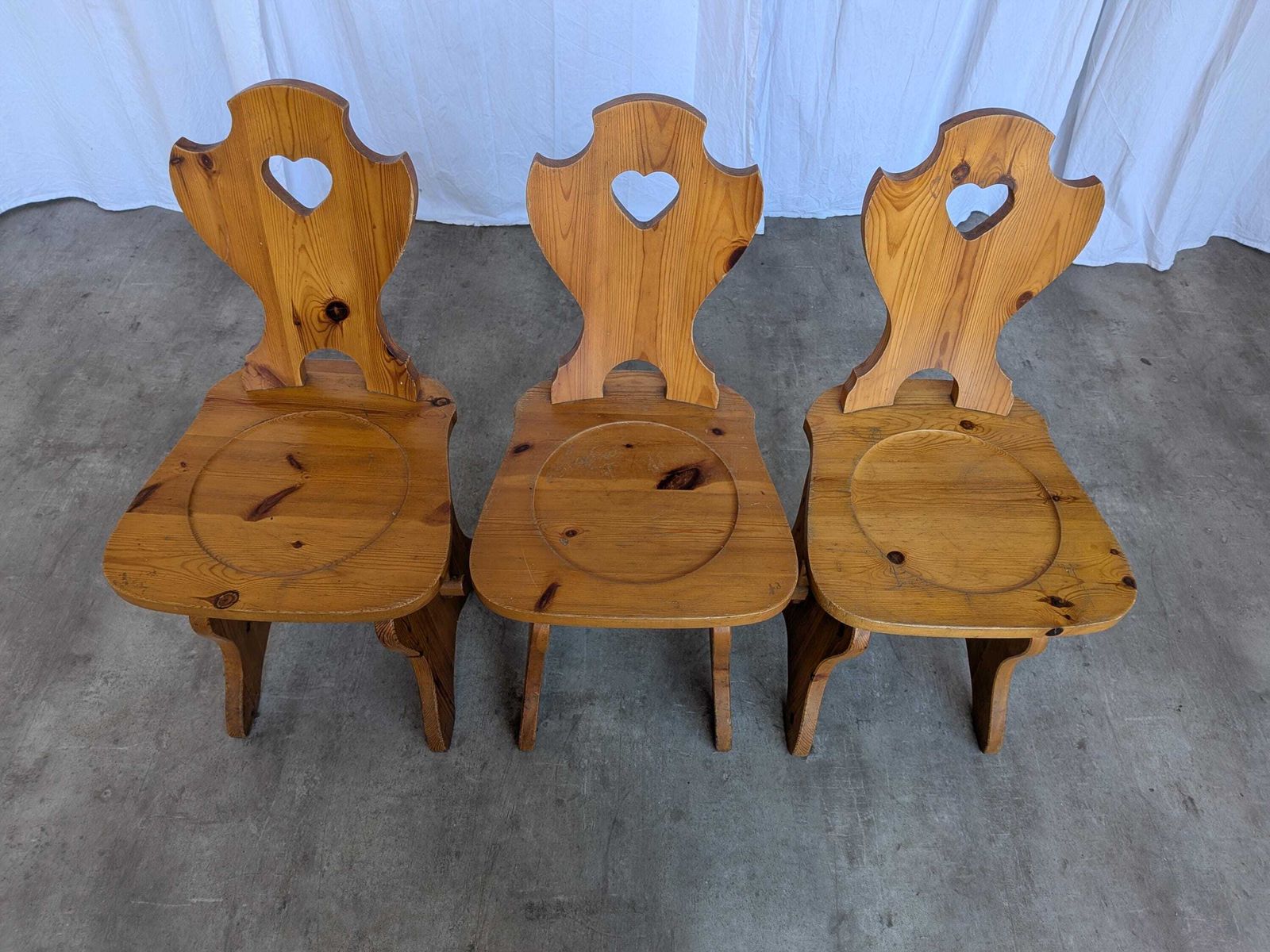 Set Of 3 Vintage Tyrolean Wooden Chairs / Heart Cut Out Backrest Farmhouse Chair photo for sale